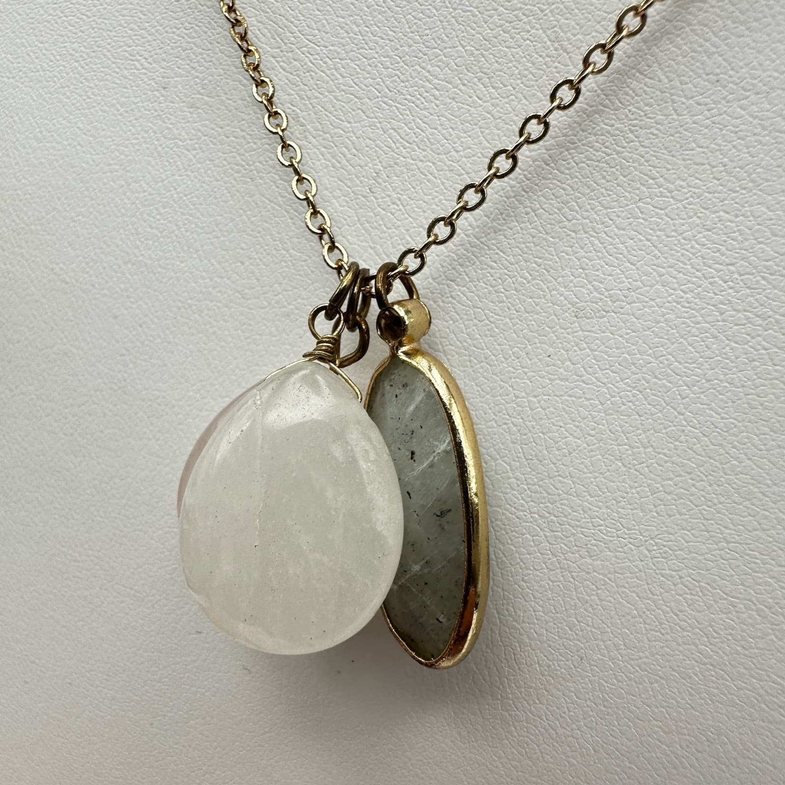 Vintage 90s Multi-Stone Lobster Pendant Necklace Rose Quartz Clear Moonstone - Thumbnail 4