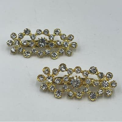Vintage Gold Tone Rhinestone Brooch Pin Set of 2 Sparkly Crystal Classic Fashion - Image 1