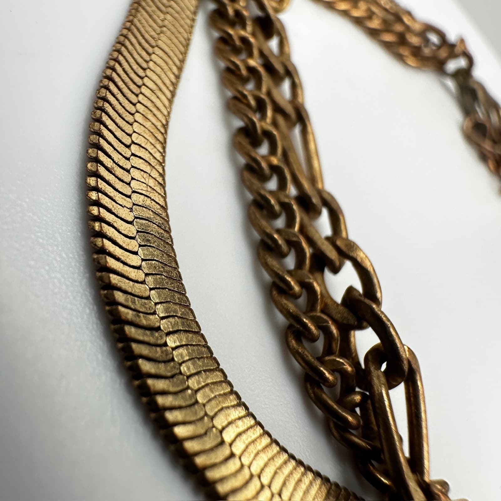 Vintage 90s Gold Tone Multi-Chain Layered Bracelets Herringbone Figaro Statement - Thumbnail 5