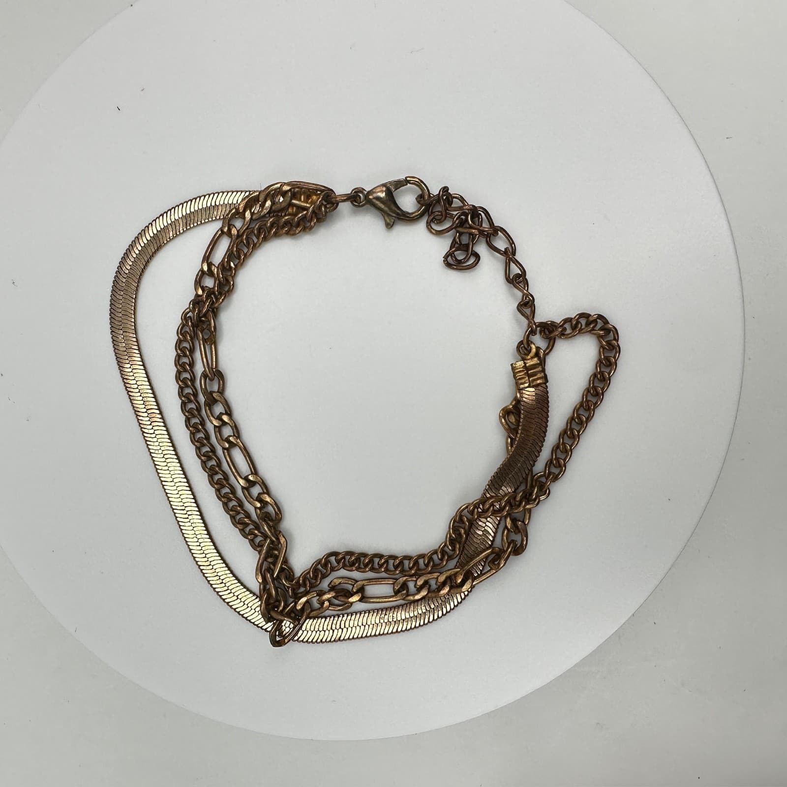 Vintage 90s Gold Tone Multi-Chain Layered Bracelets Herringbone Figaro Statement - Thumbnail 8