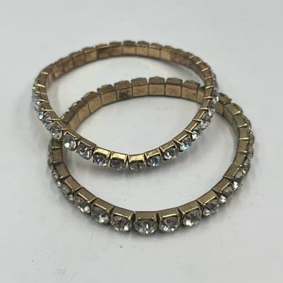 Vintage Set of 2 Clear Rhinestone Gold Tone Flex Stretch Bracelets Stackable 7" - Image 1