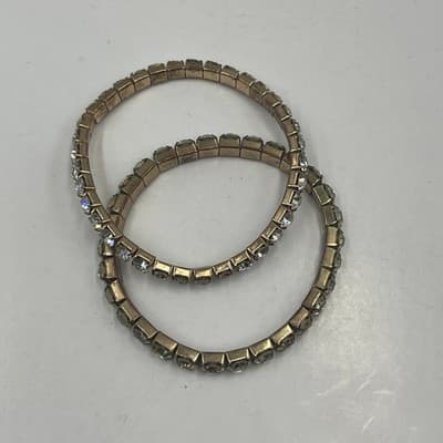 Vintage Set of 2 Clear Rhinestone Gold Tone Flex Stretch Bracelets Stackable 7" - Thumbnail 2