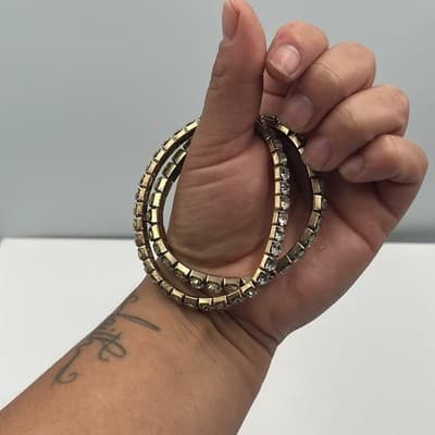 Vintage Set of 2 Clear Rhinestone Gold Tone Flex Stretch Bracelets Stackable 7" - Thumbnail 7