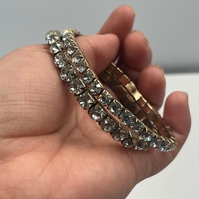 Vintage Set of 2 Clear Rhinestone Gold Tone Flex Stretch Bracelets Stackable 7" - Thumbnail 6