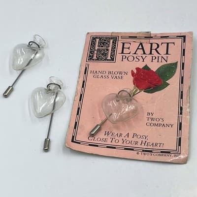 VTG Two's Company Hand Blown Glass Heart Posy Pin Bud Vase Brooch Jewelry Lot - Image 1