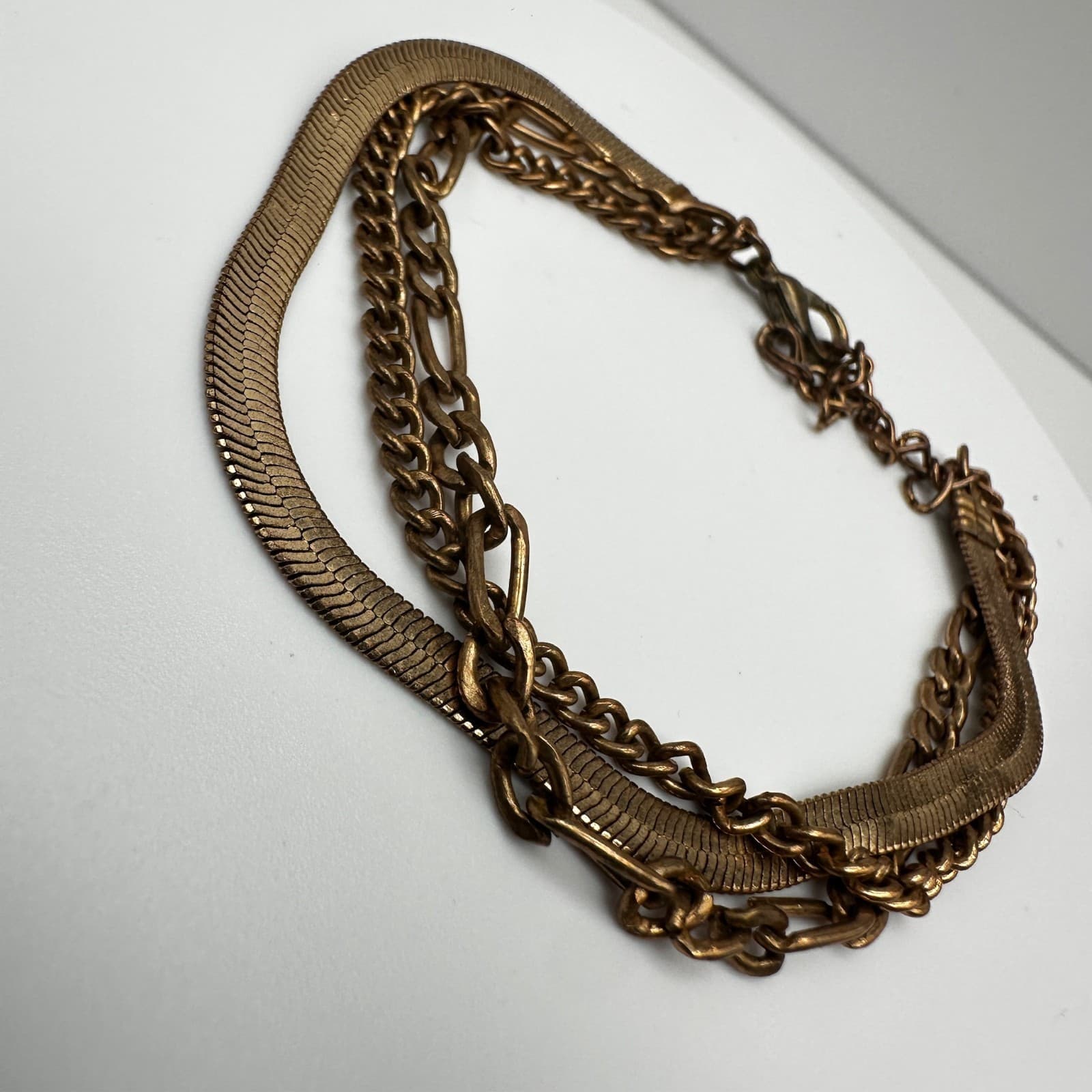 Vintage 90s Gold Tone Multi-Chain Layered Bracelets Herringbone Figaro Statement - Thumbnail 2