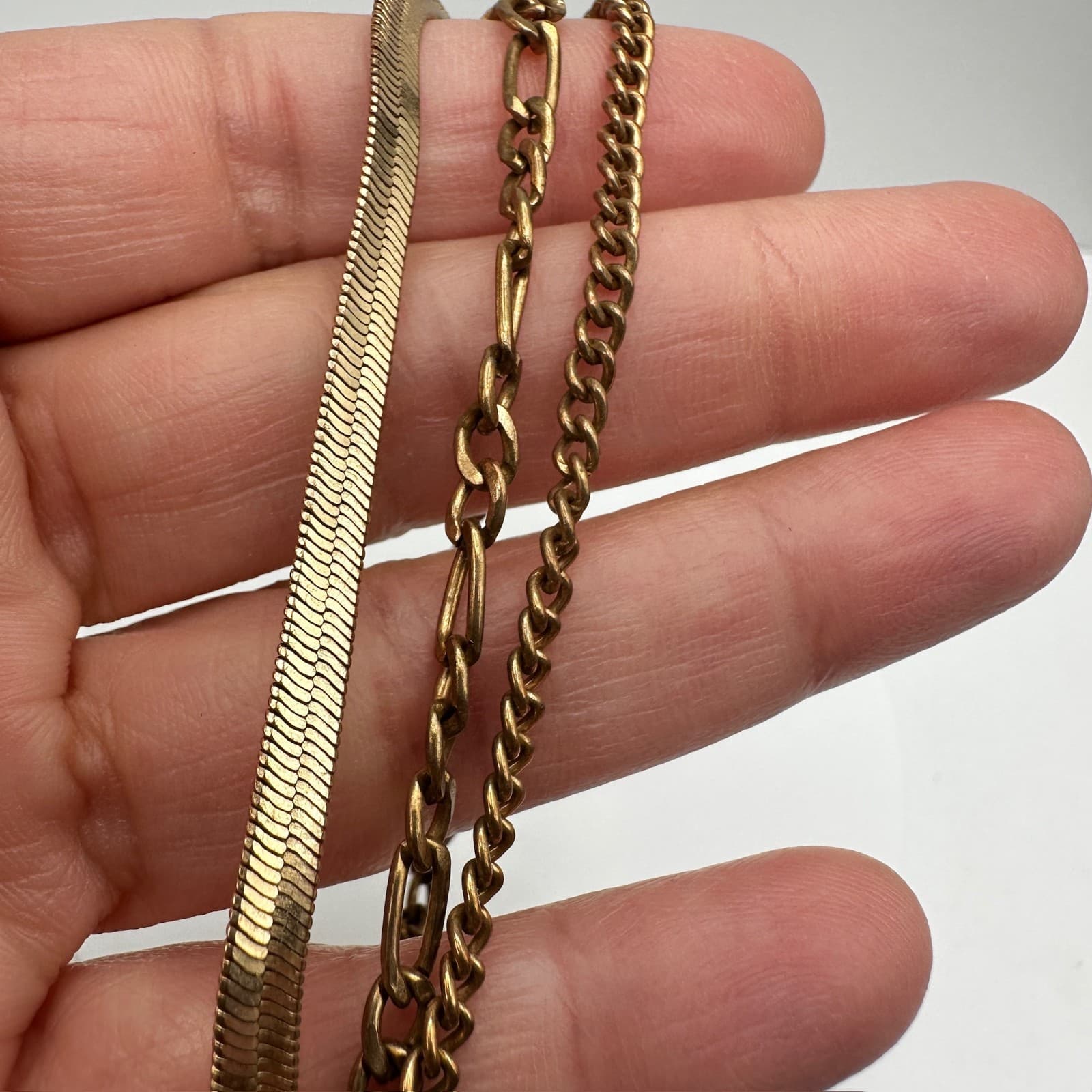 Vintage 90s Gold Tone Multi-Chain Layered Bracelets Herringbone Figaro Statement - Thumbnail 9