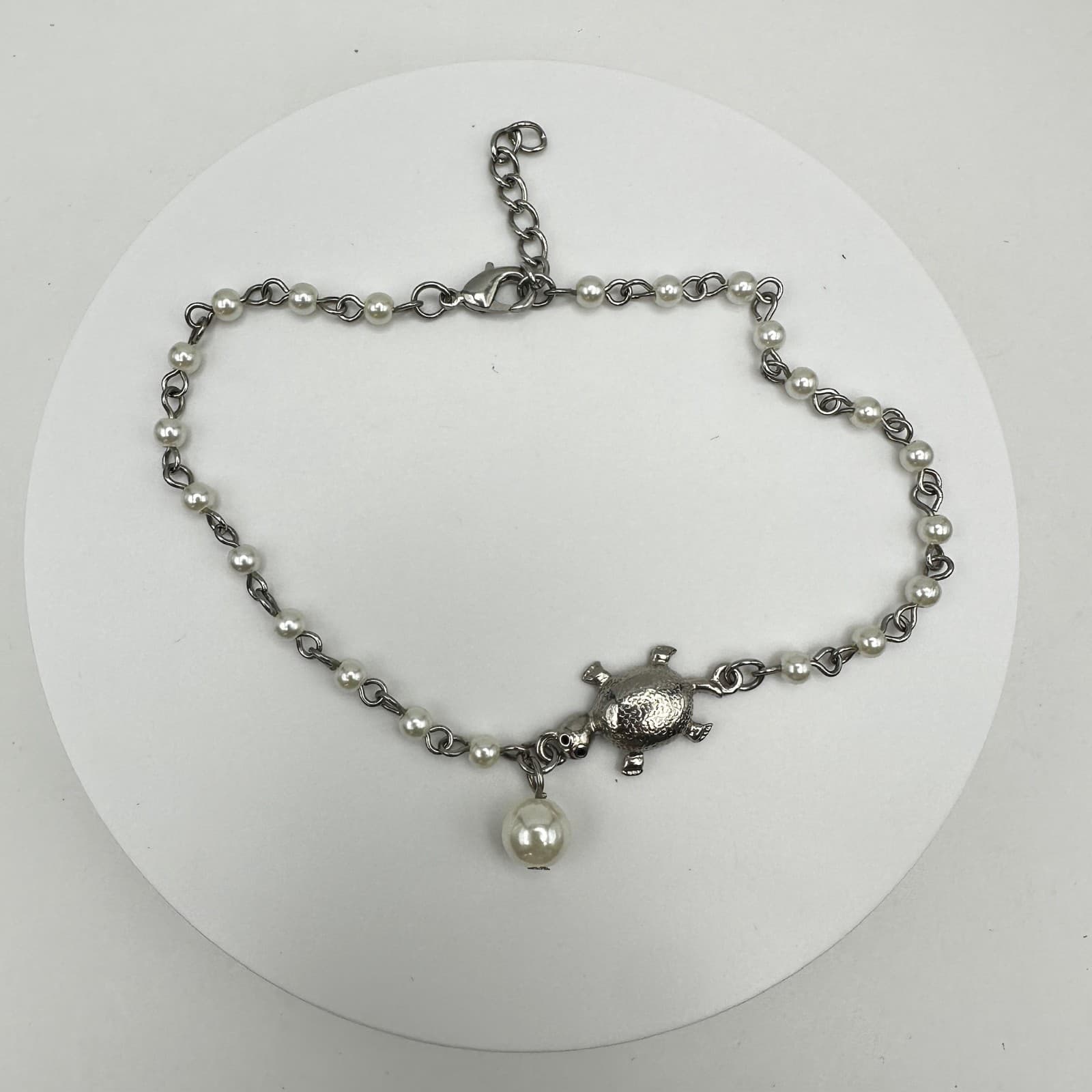 Vintage Y2K Faux Pearl Turtle Charm Bracelets Silver Tone Pendant Boho Jewelry - Image 1