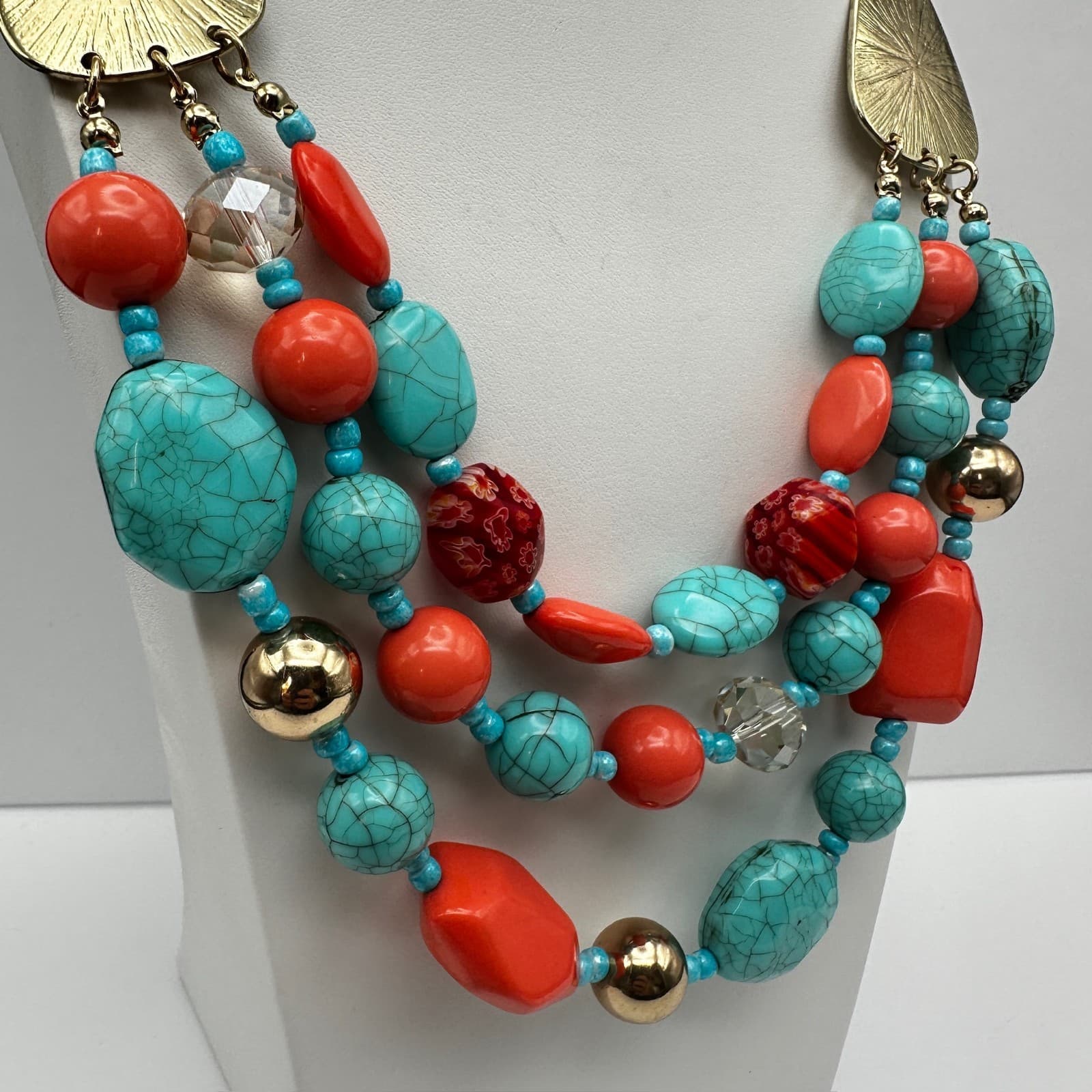 Vintage 90s Multi Strand Statement Necklace Turquoise Gold Tone Women's Jewelry - Thumbnail 3