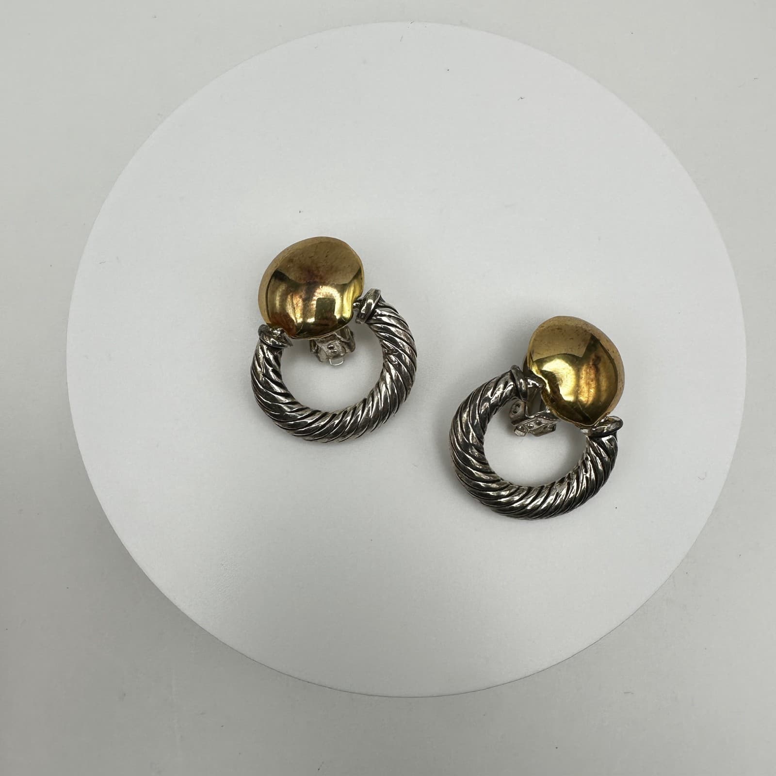 Vintage 90s Silver Gold Tone Ribbed Twisted Door Knocker Earrings Jewelry - Thumbnail 2
