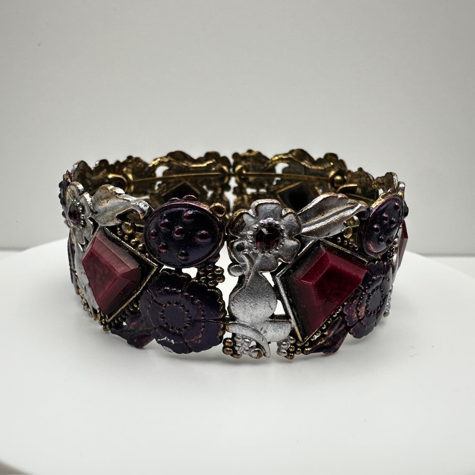 Vintage 90s Boho Floral Link Bracelet Geometric Stones Purple Enamel Jewelry - Image 1