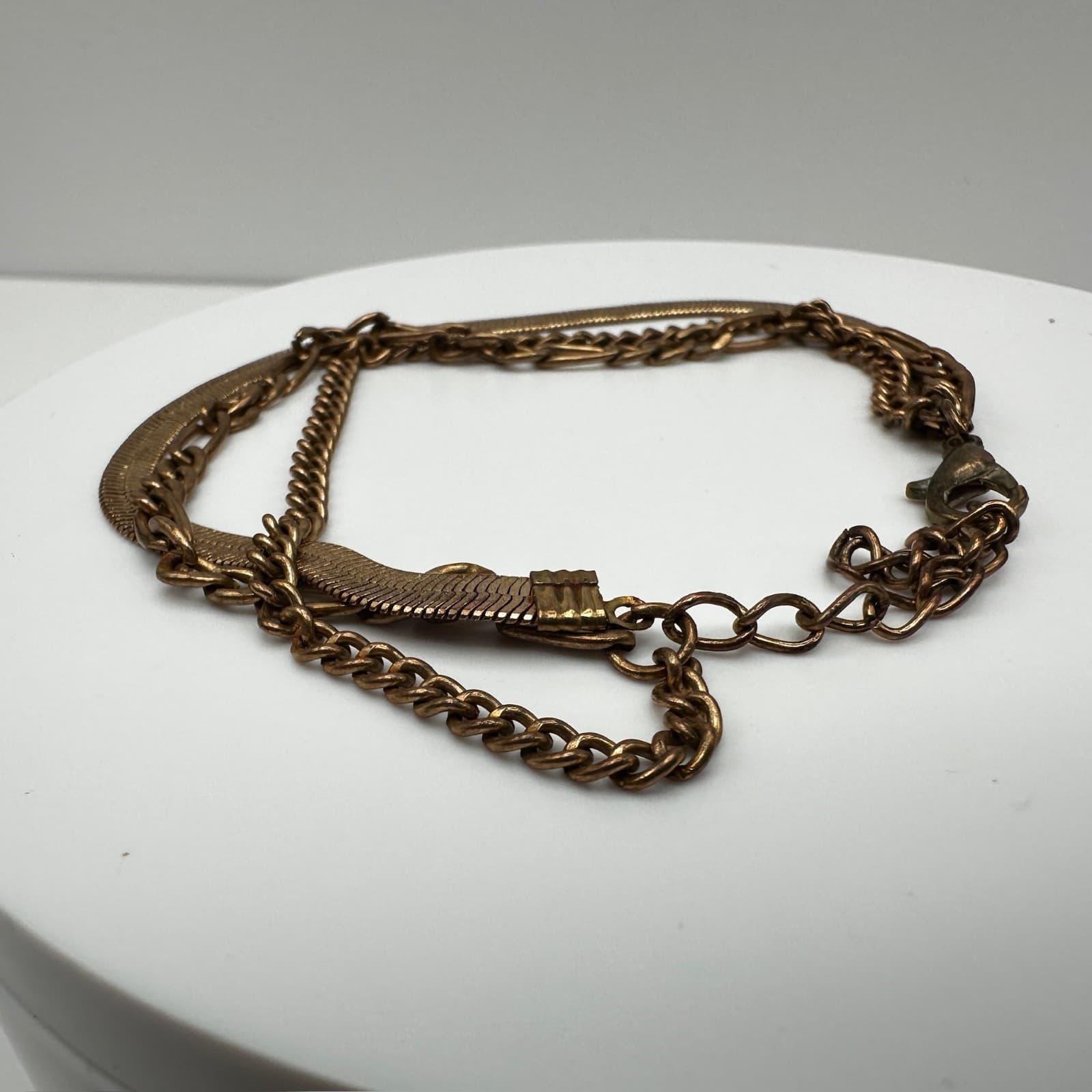 Vintage 90s Gold Tone Multi-Chain Layered Bracelets Herringbone Figaro Statement - Thumbnail 7