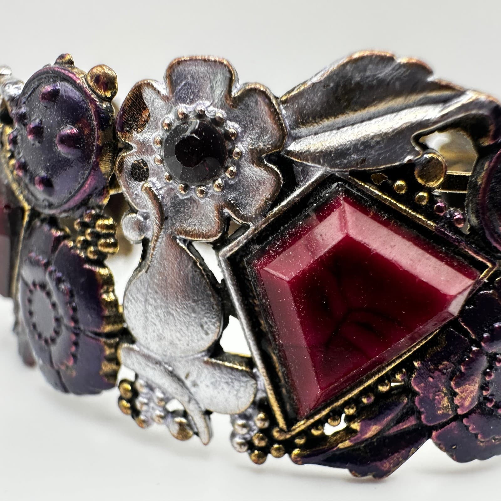 Vintage 90s Boho Floral Link Bracelet Geometric Stones Purple Enamel Jewelry - Thumbnail 6