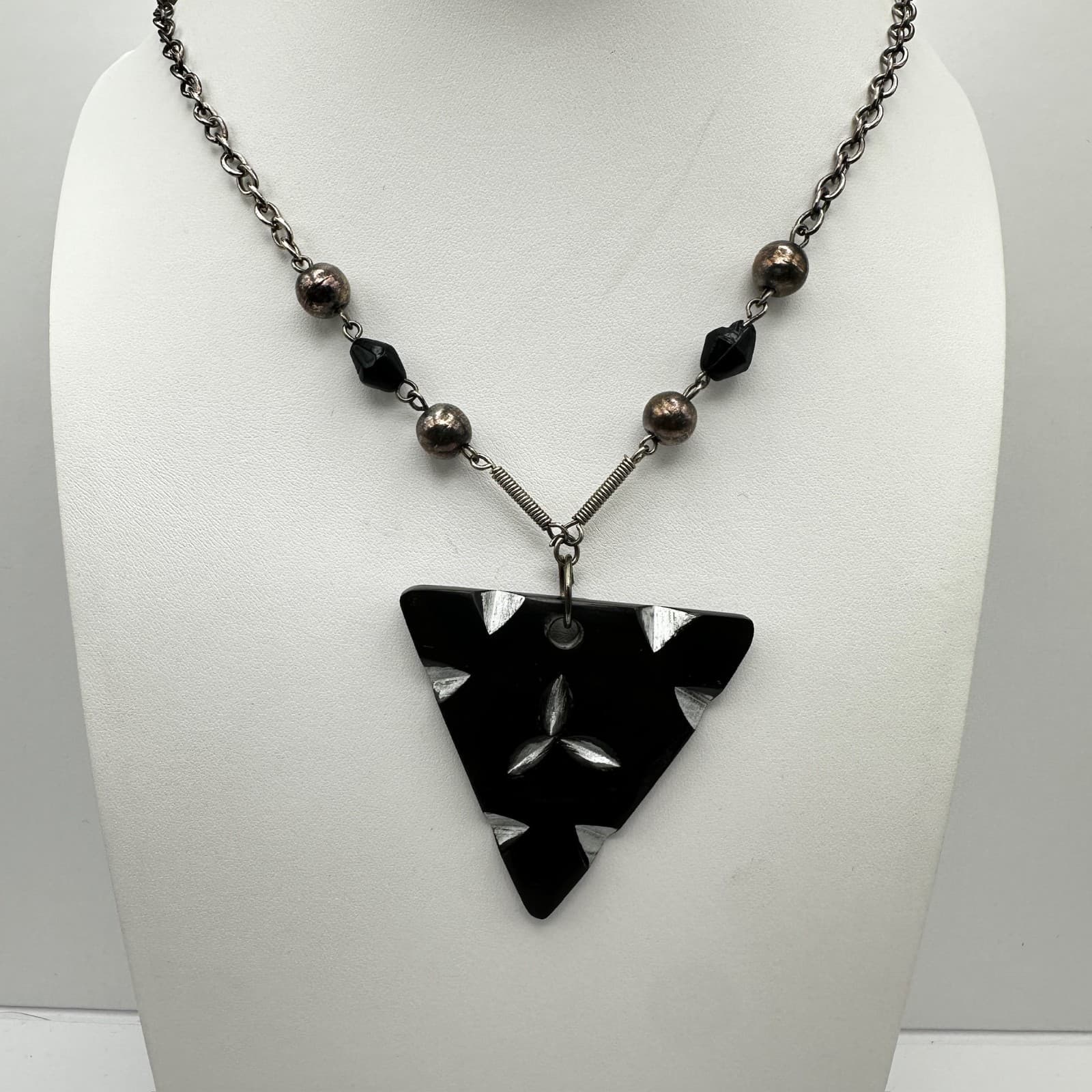 Vintage 90s Black Triangle Pendant Necklace Silver Tone Beaded Statement Jewelry - Image 1