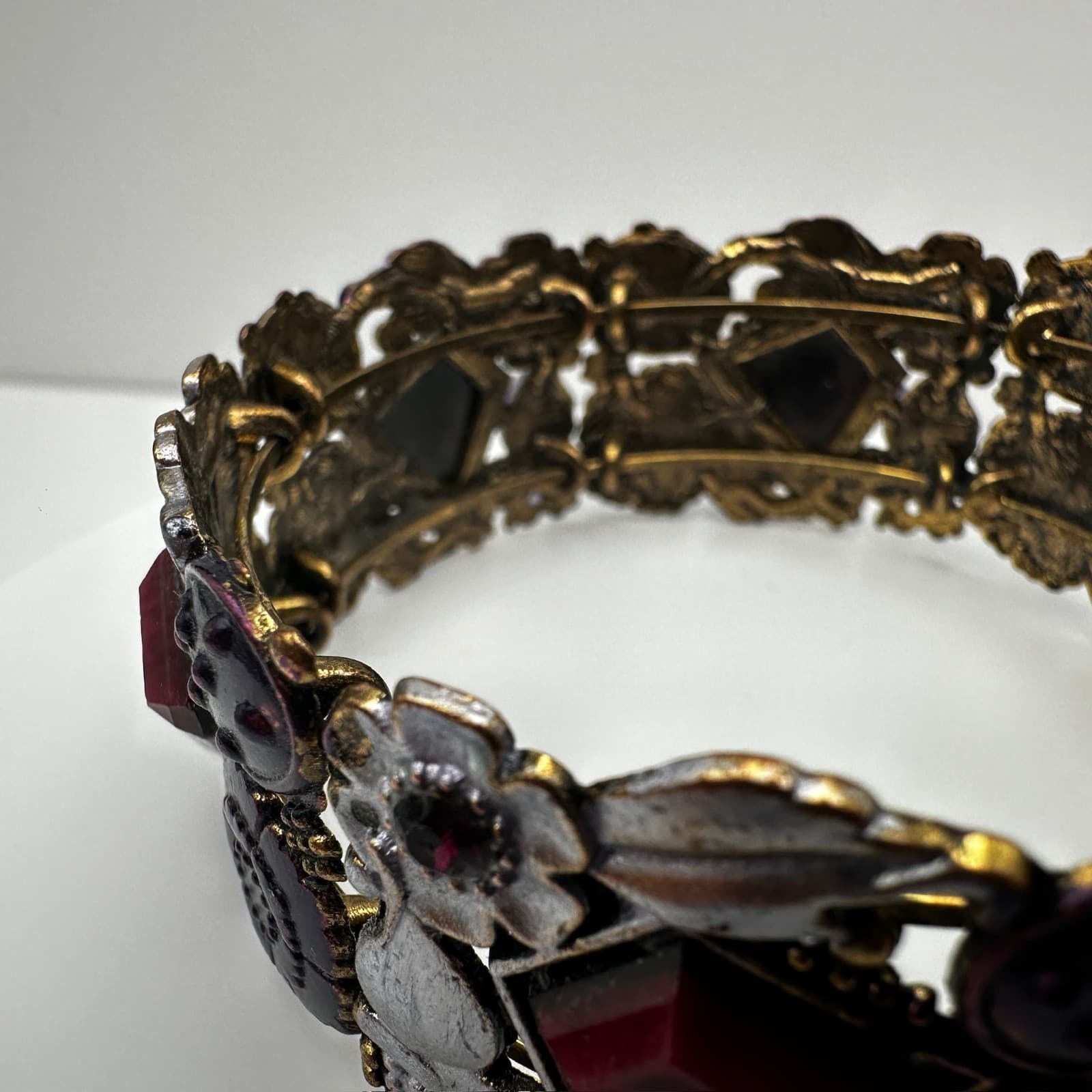 Vintage 90s Boho Floral Link Bracelet Geometric Stones Purple Enamel Jewelry - Thumbnail 9