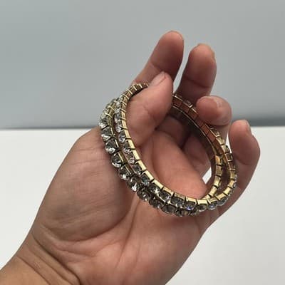 Vintage Set of 2 Clear Rhinestone Gold Tone Flex Stretch Bracelets Stackable 7" - Thumbnail 5