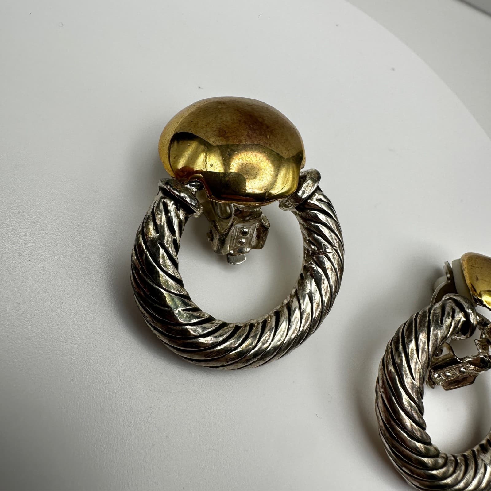 Vintage 90s Silver Gold Tone Ribbed Twisted Door Knocker Earrings Jewelry - Thumbnail 3