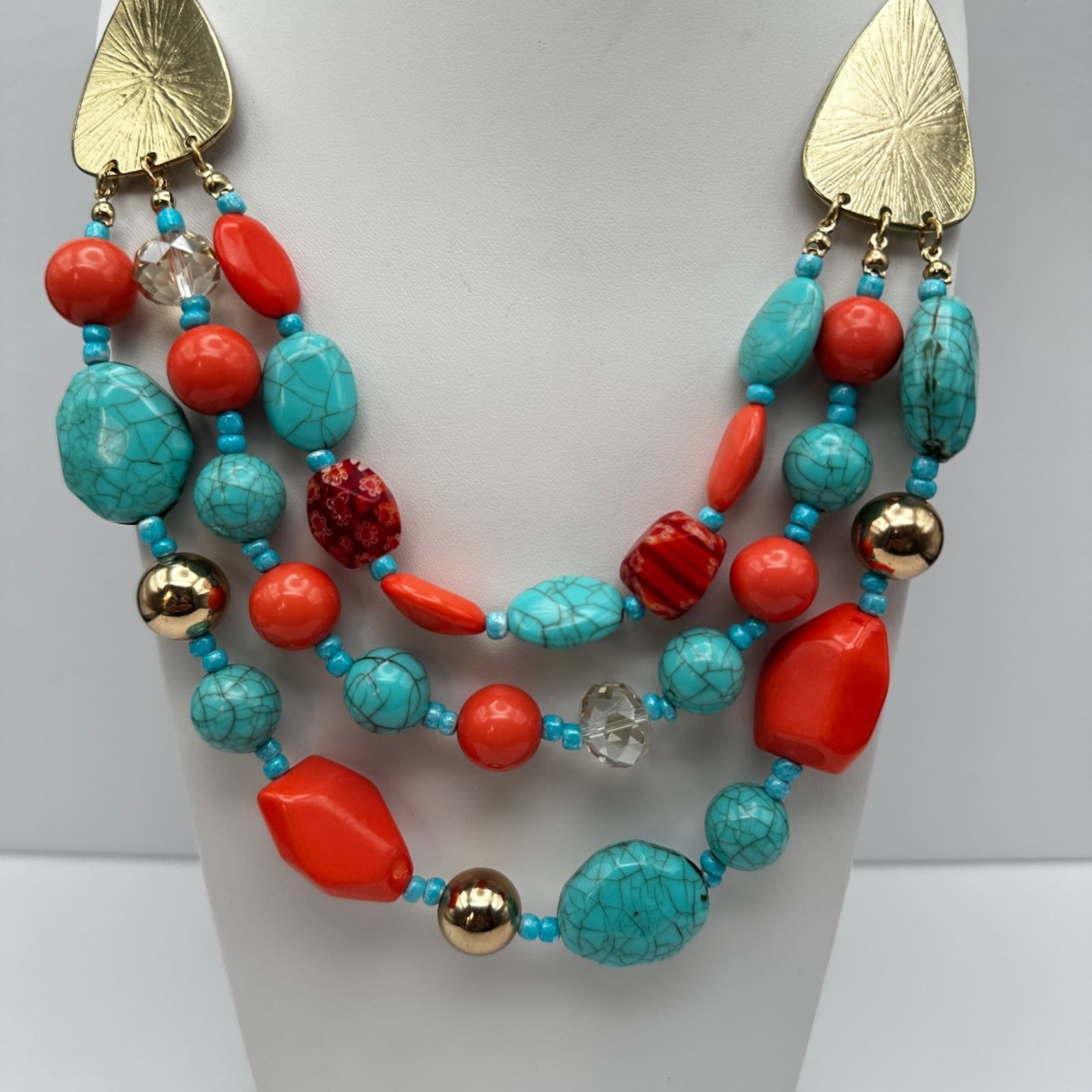 Vintage 90s Multi Strand Statement Necklace Turquoise Gold Tone Women's Jewelry - Thumbnail 2