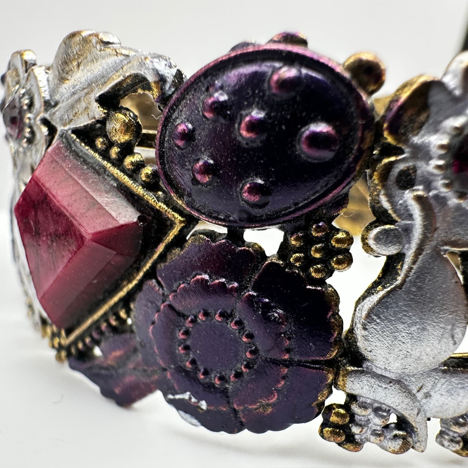 Vintage 90s Boho Floral Link Bracelet Geometric Stones Purple Enamel Jewelry - Thumbnail 7