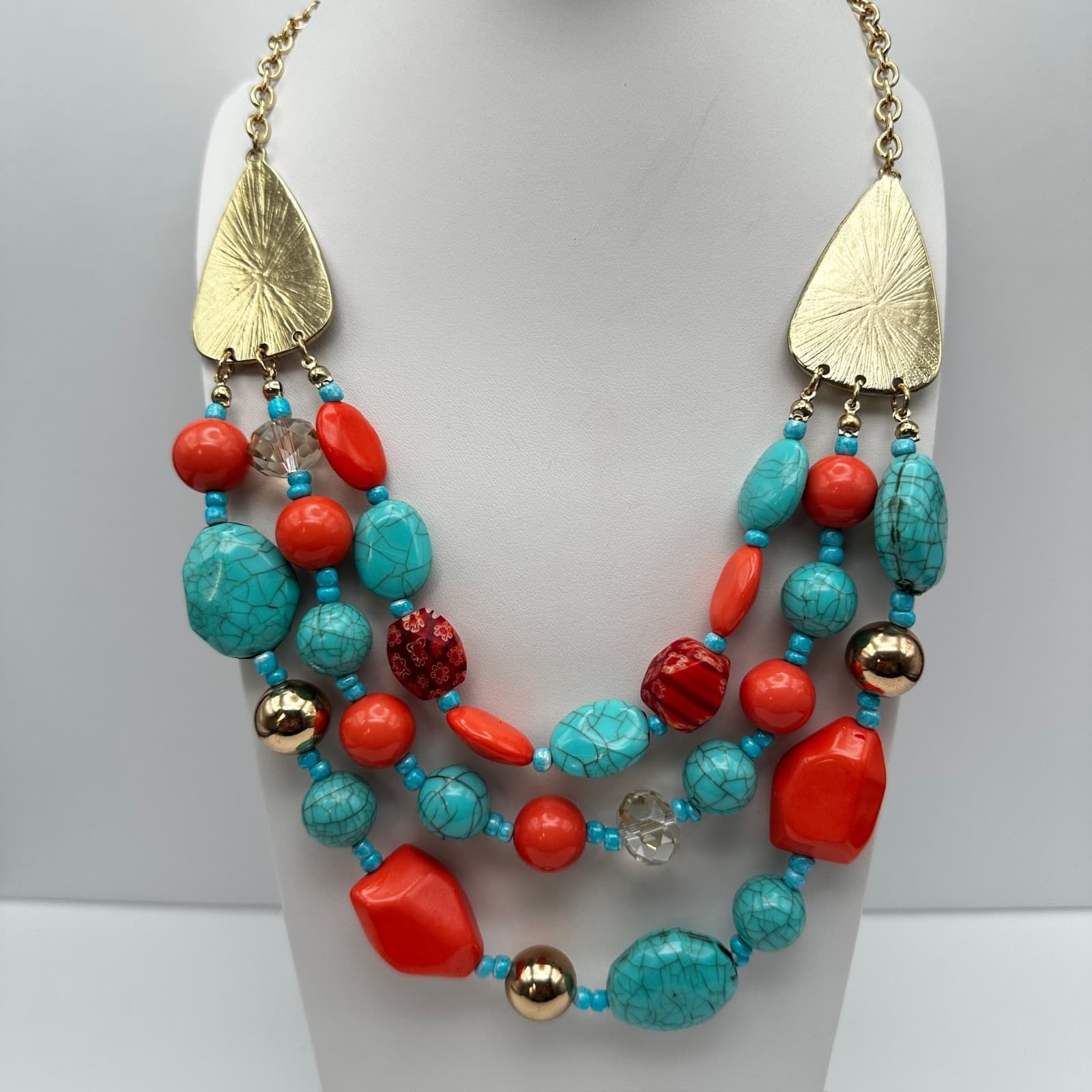 Vintage 90s Multi Strand Statement Necklace Turquoise Gold Tone Women's Jewelry - Thumbnail 13