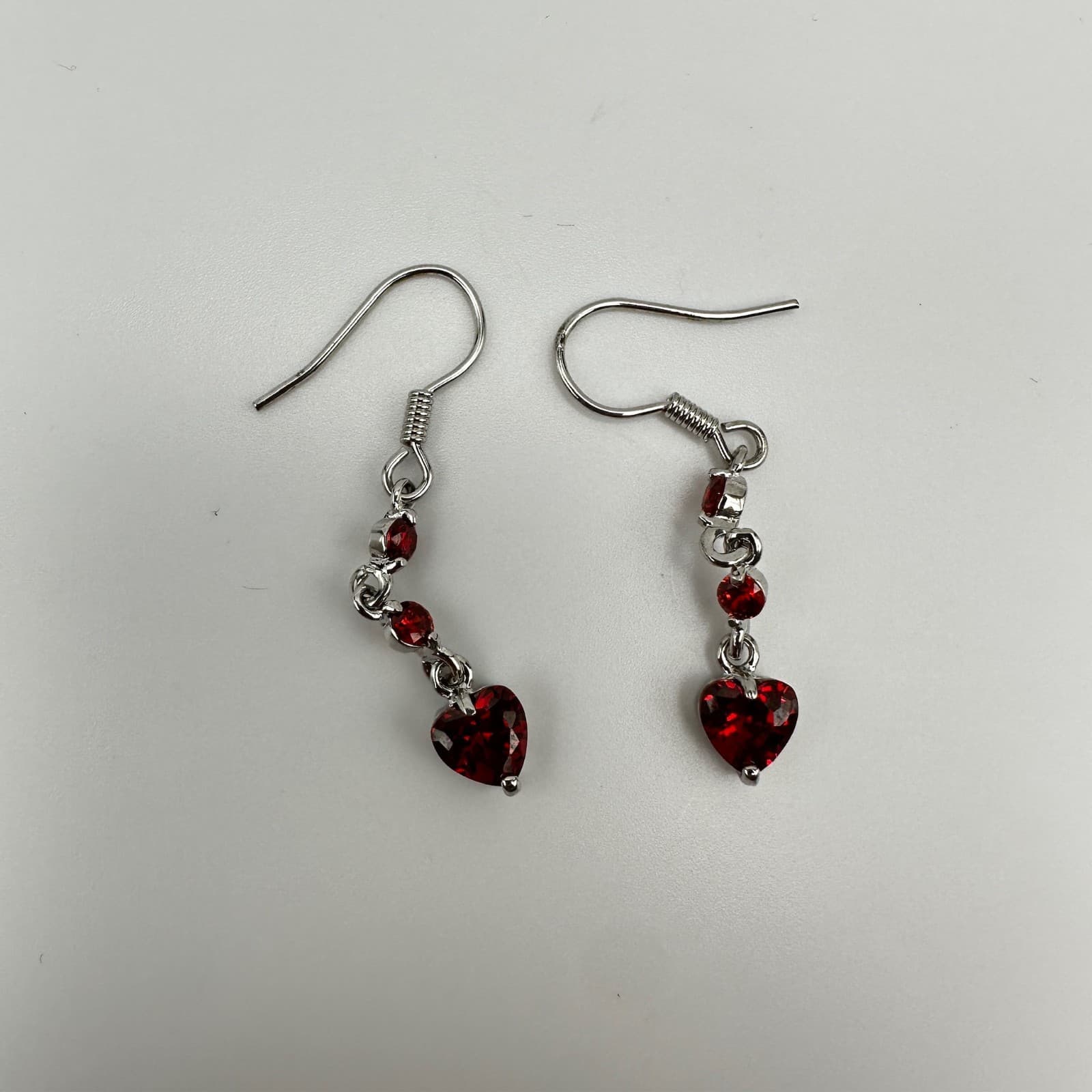 Vintage 80s Austrian Crystal Red Heart Dangle Earrings Silver Tone Ruby CZ - Thumbnail 6