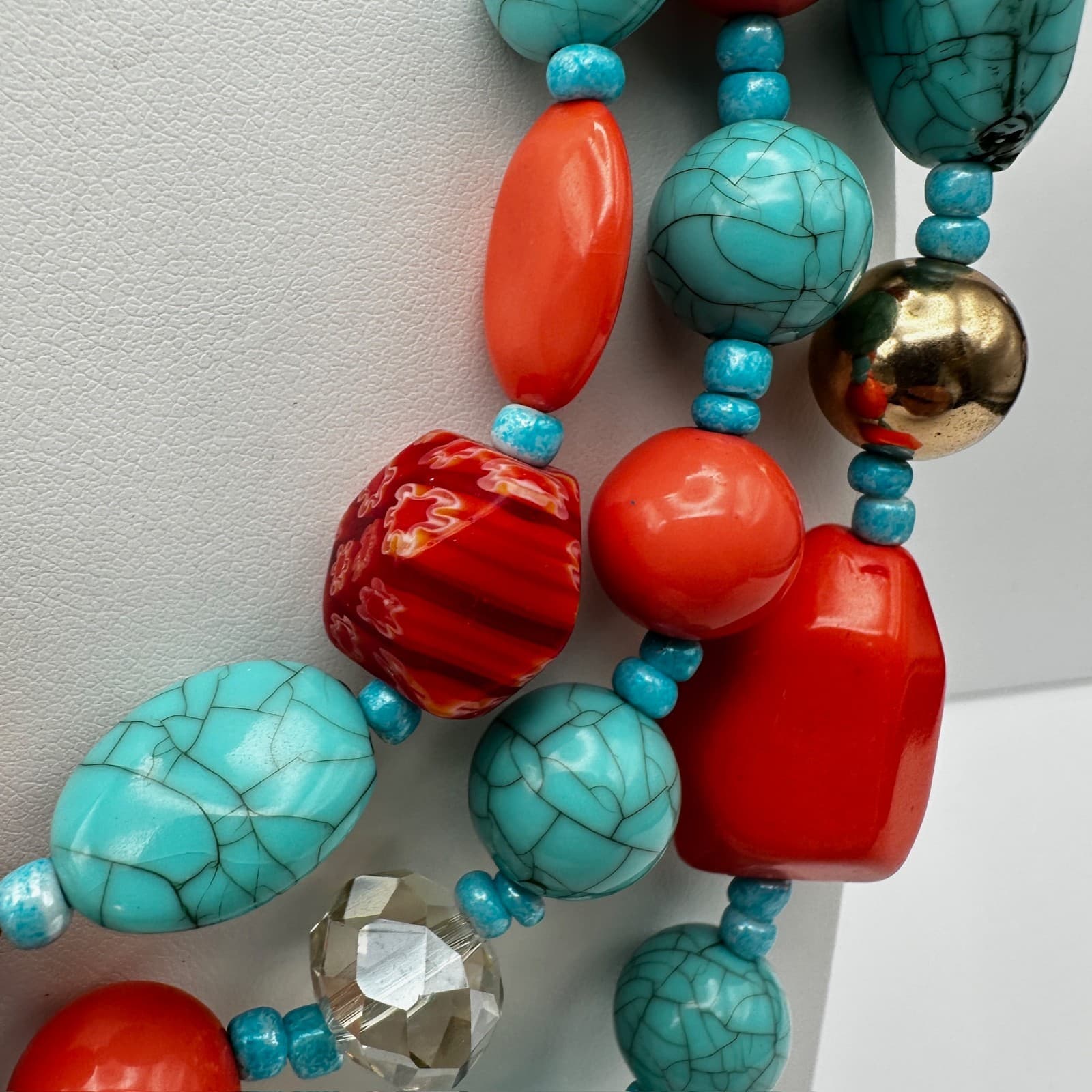 Vintage 90s Multi Strand Statement Necklace Turquoise Gold Tone Women's Jewelry - Thumbnail 8