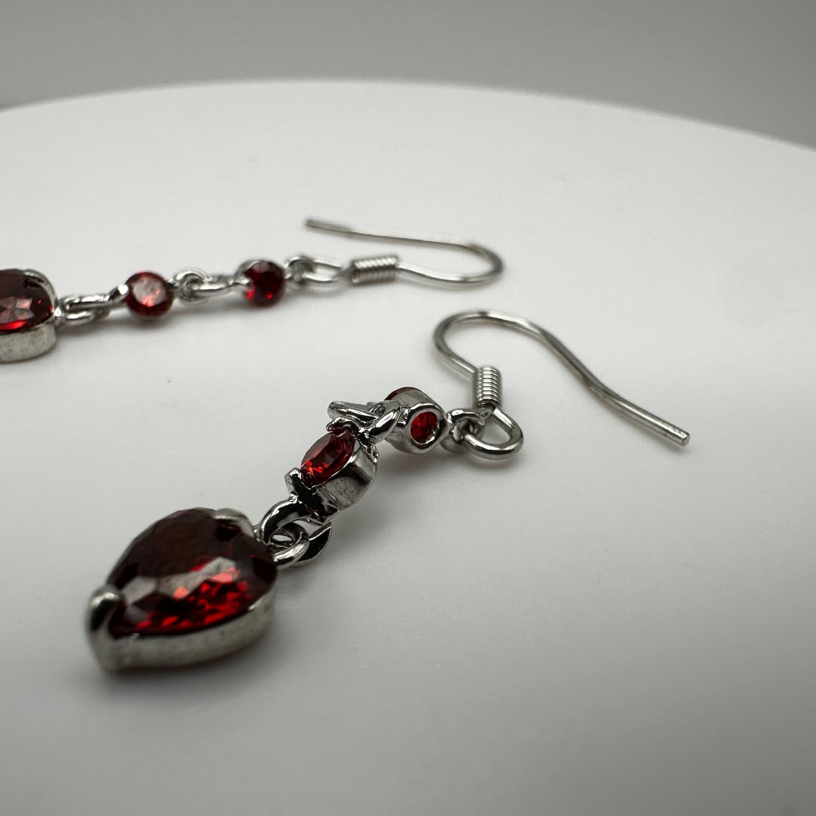 Vintage 80s Austrian Crystal Red Heart Dangle Earrings Silver Tone Ruby CZ - Thumbnail 13