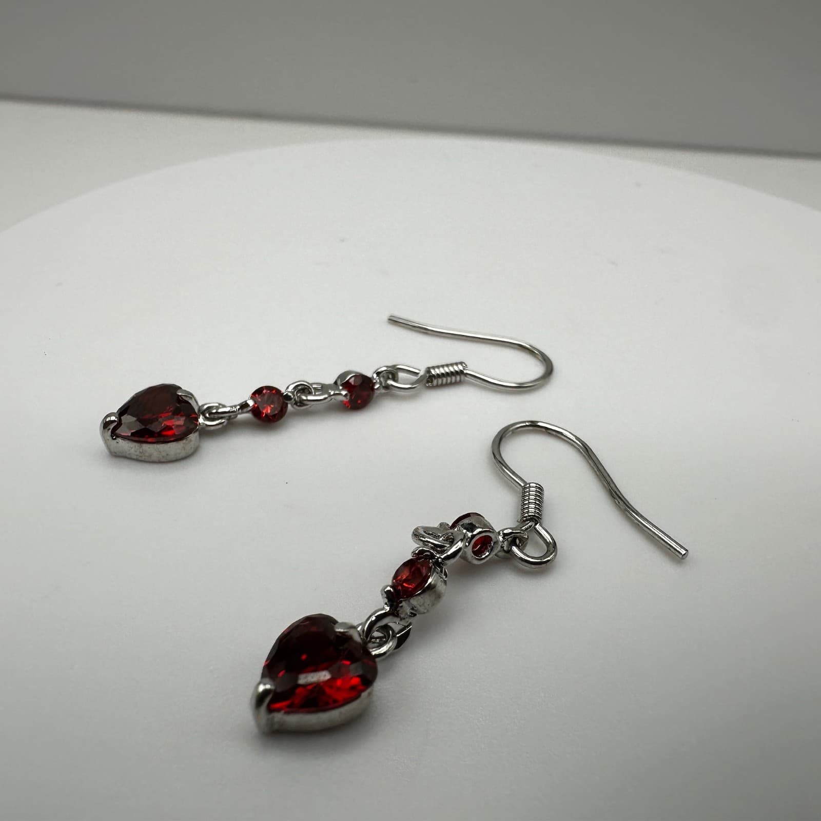 Vintage 80s Austrian Crystal Red Heart Dangle Earrings Silver Tone Ruby CZ - Thumbnail 11