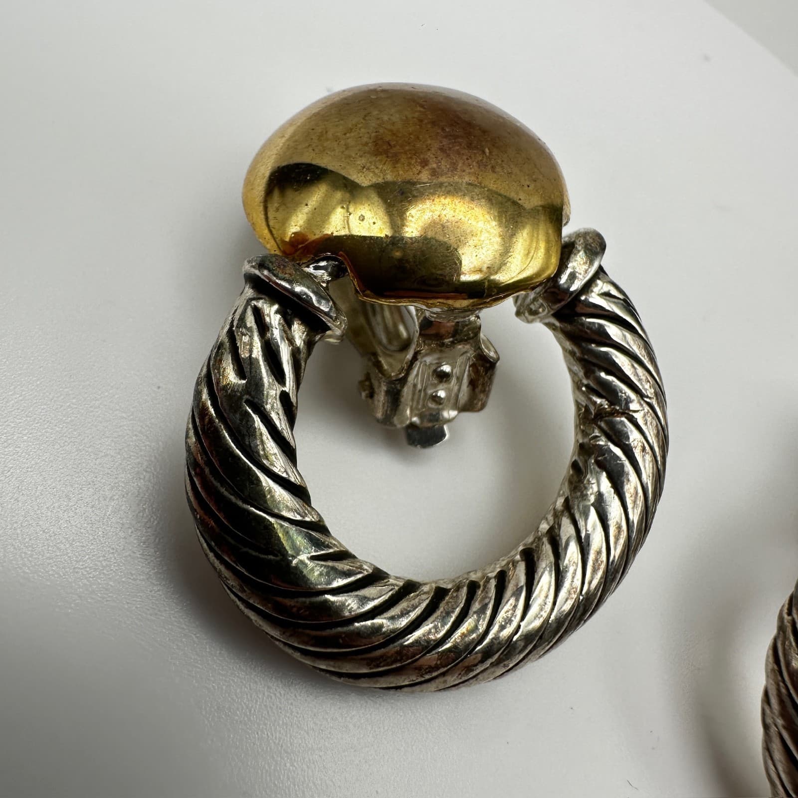 Vintage 90s Silver Gold Tone Ribbed Twisted Door Knocker Earrings Jewelry - Thumbnail 4