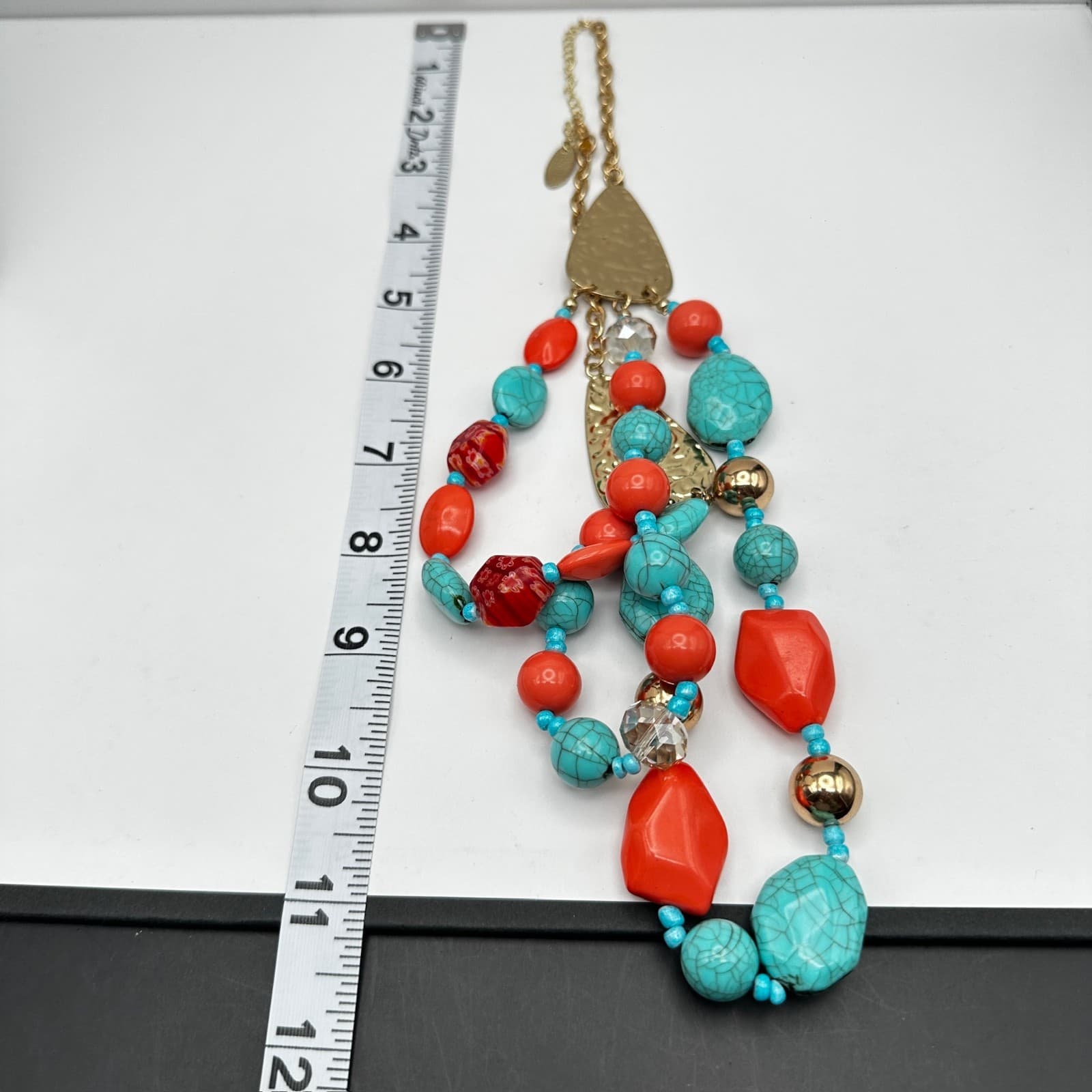 Vintage 90s Multi Strand Statement Necklace Turquoise Gold Tone Women's Jewelry - Thumbnail 16