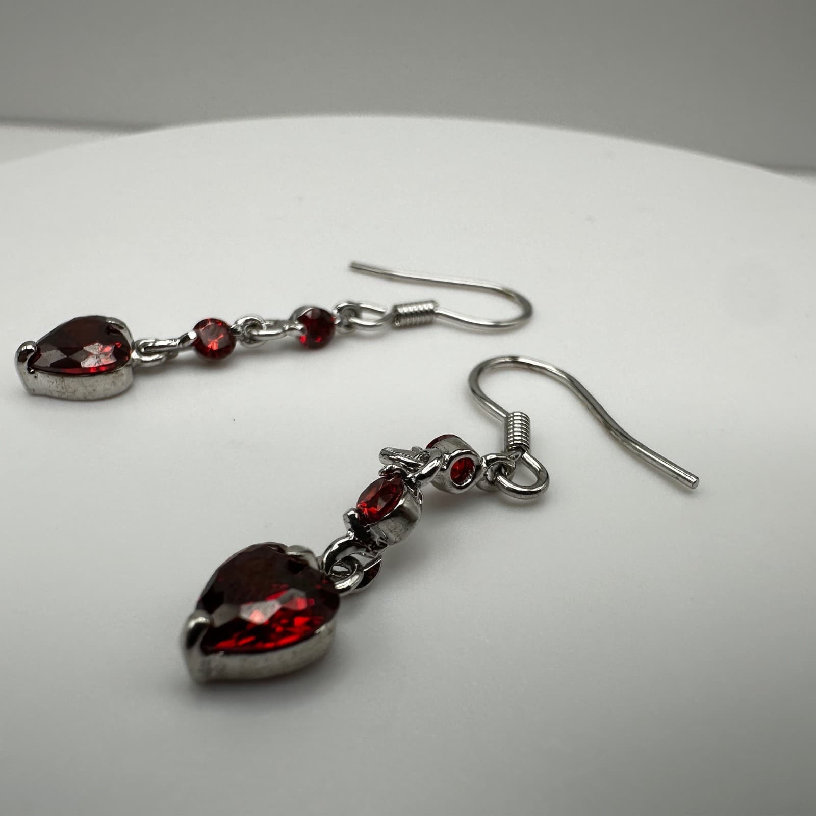 Vintage 80s Austrian Crystal Red Heart Dangle Earrings Silver Tone Ruby CZ - Thumbnail 12