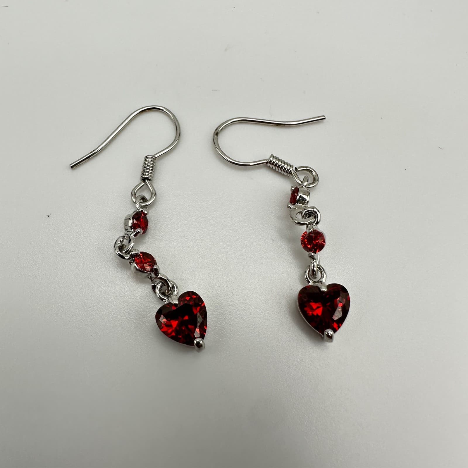 Vintage 80s Austrian Crystal Red Heart Dangle Earrings Silver Tone Ruby CZ - Thumbnail 7