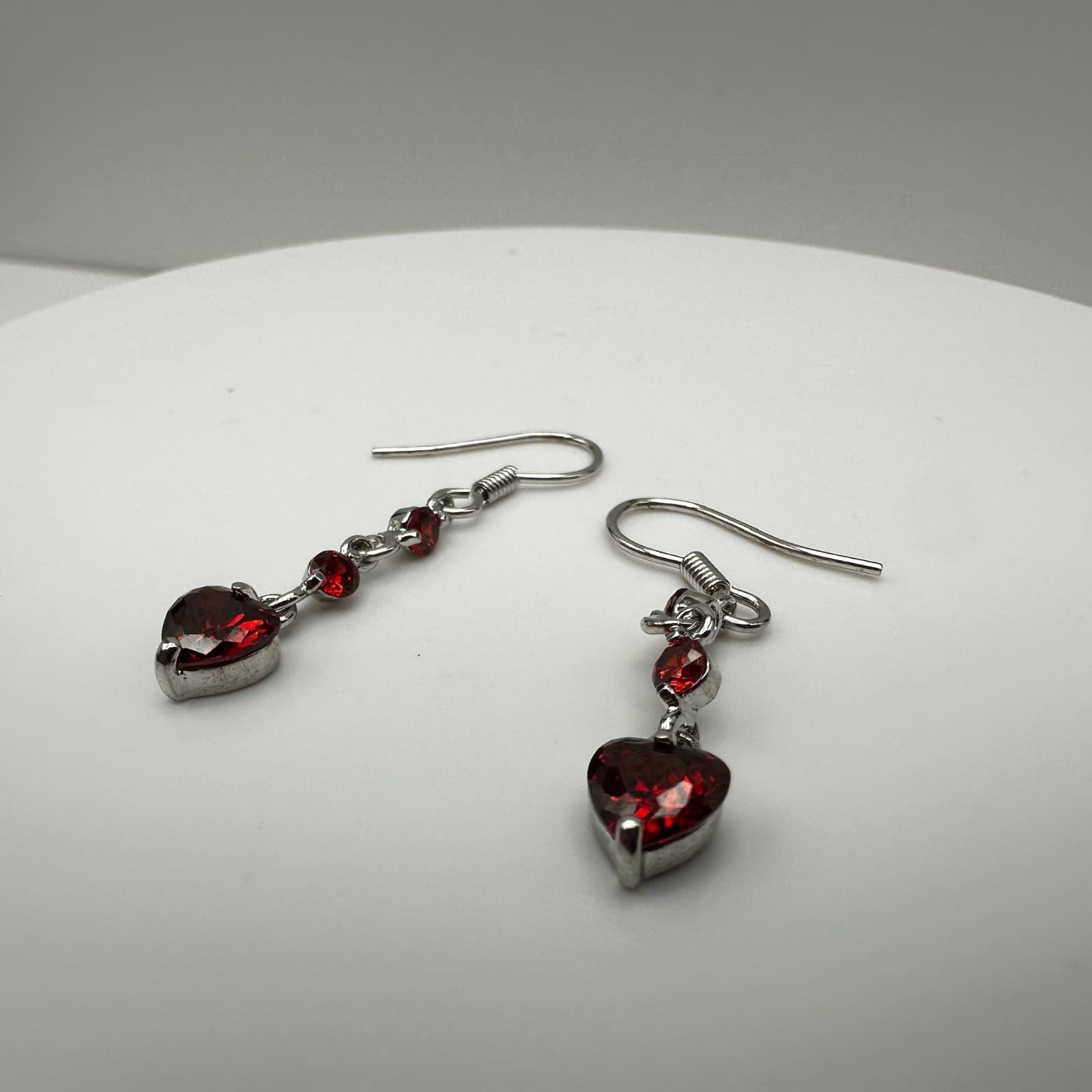 Vintage 80s Austrian Crystal Red Heart Dangle Earrings Silver Tone Ruby CZ - Thumbnail 9
