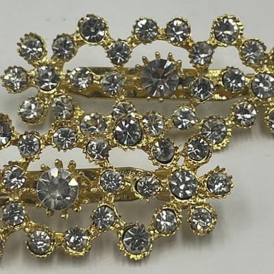Vintage Gold Tone Rhinestone Brooch Pin Set of 2 Sparkly Crystal Classic Fashion - Thumbnail 5