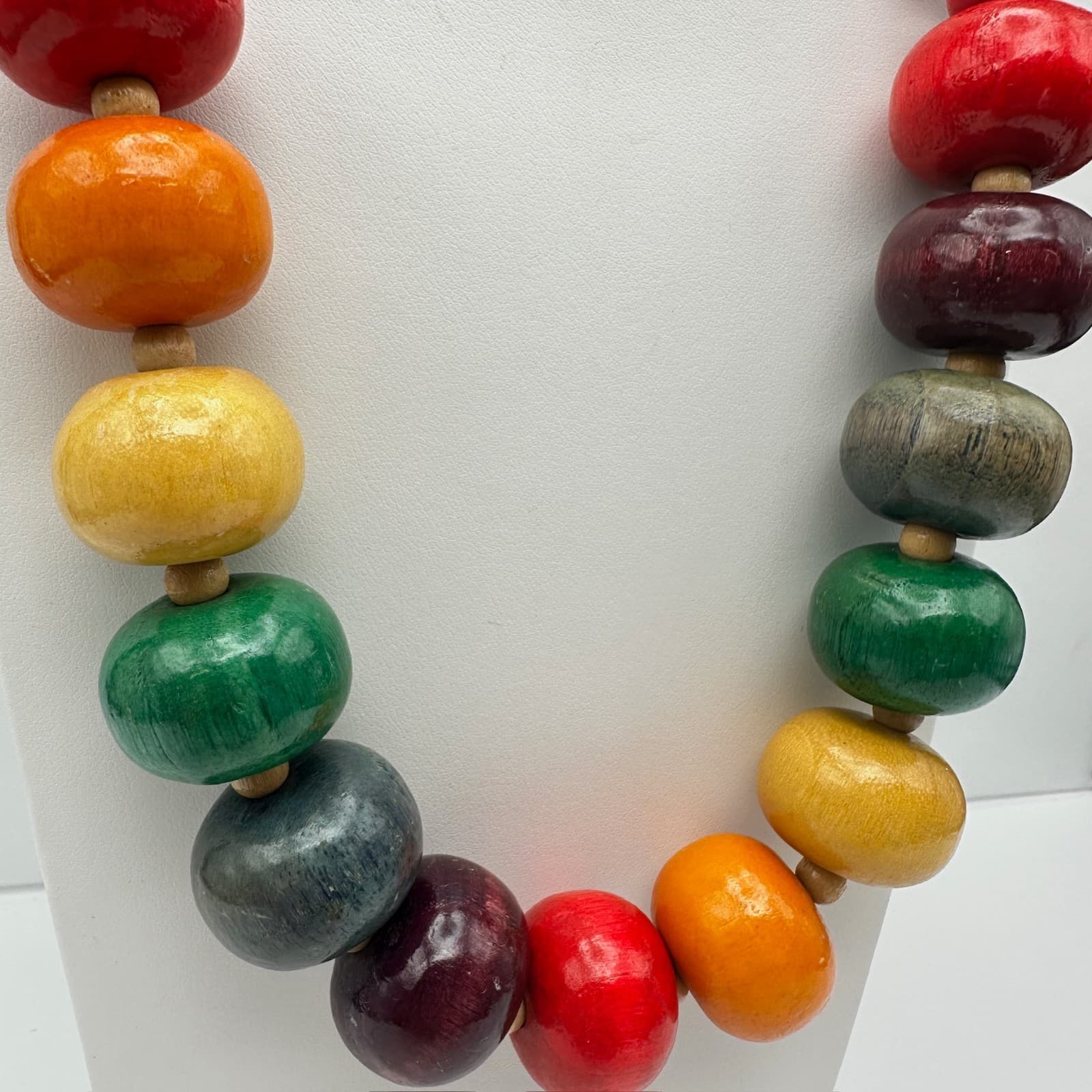 Vintage 90s Wood Bead Chunky Statement Necklace Boho Retro Women's Jewelry - Thumbnail 3