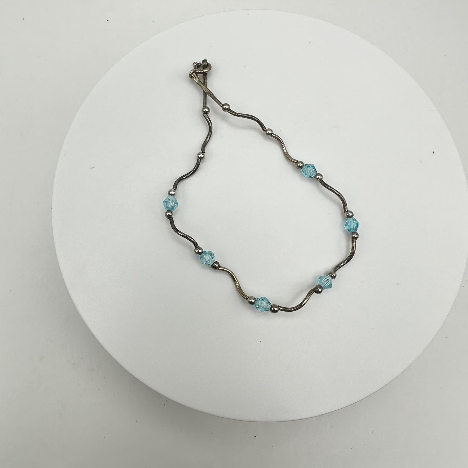 Vintage 90s Y2K Blue Crystal Beaded Wave Bracelet Silver Tone Boho Jewelry - Image 1