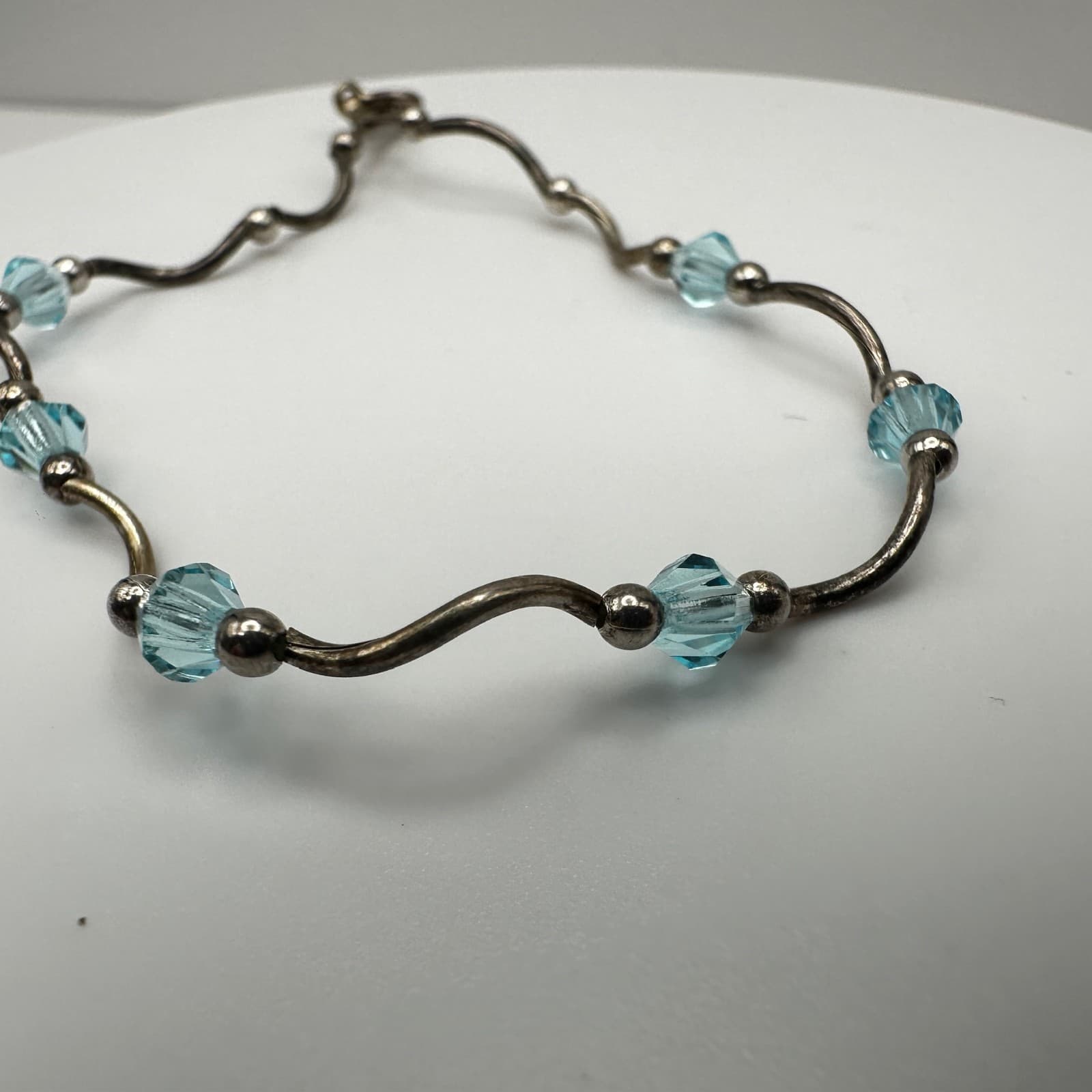 Vintage 90s Y2K Blue Crystal Beaded Wave Bracelet Silver Tone Boho Jewelry - Thumbnail 5
