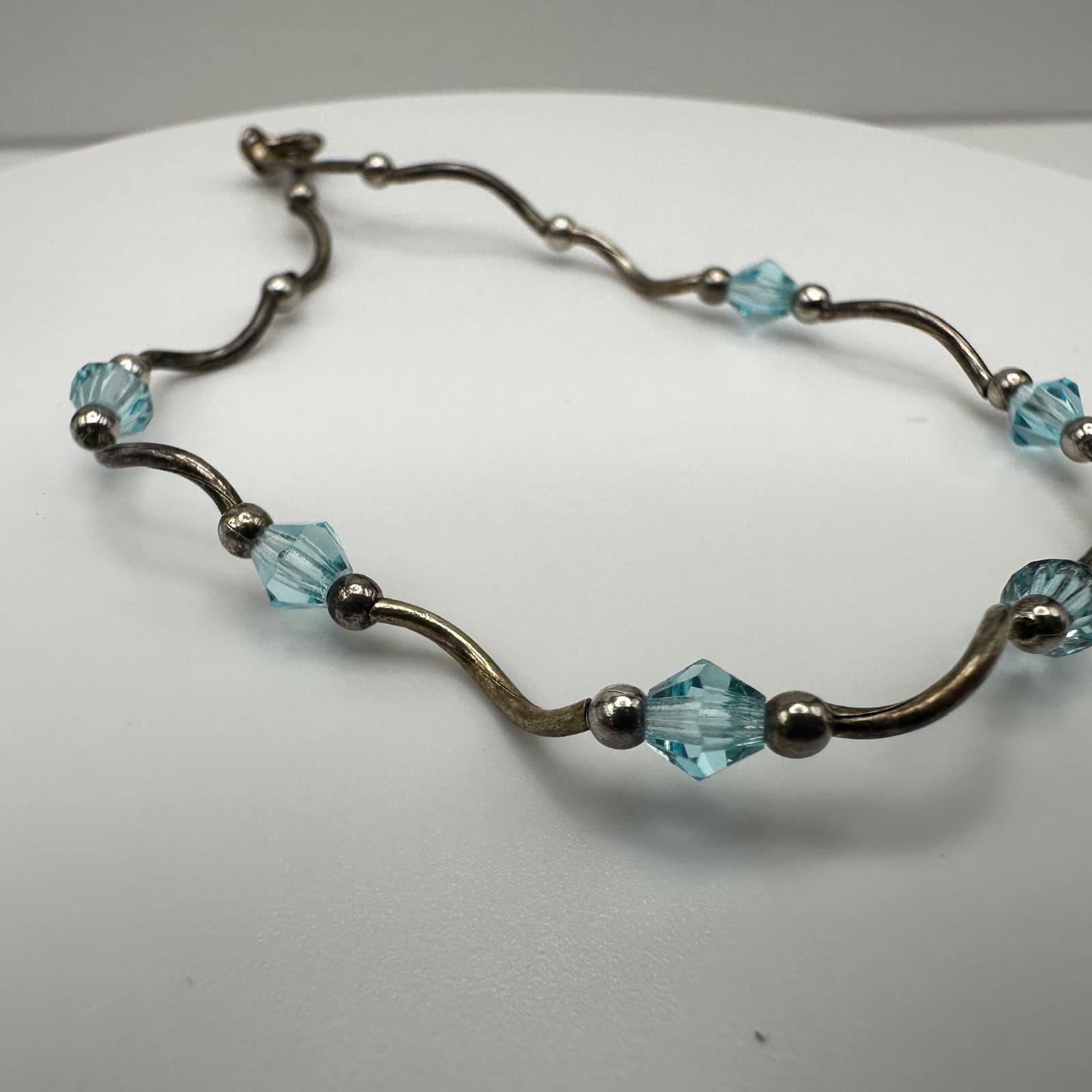 Vintage 90s Y2K Blue Crystal Beaded Wave Bracelet Silver Tone Boho Jewelry - Thumbnail 4