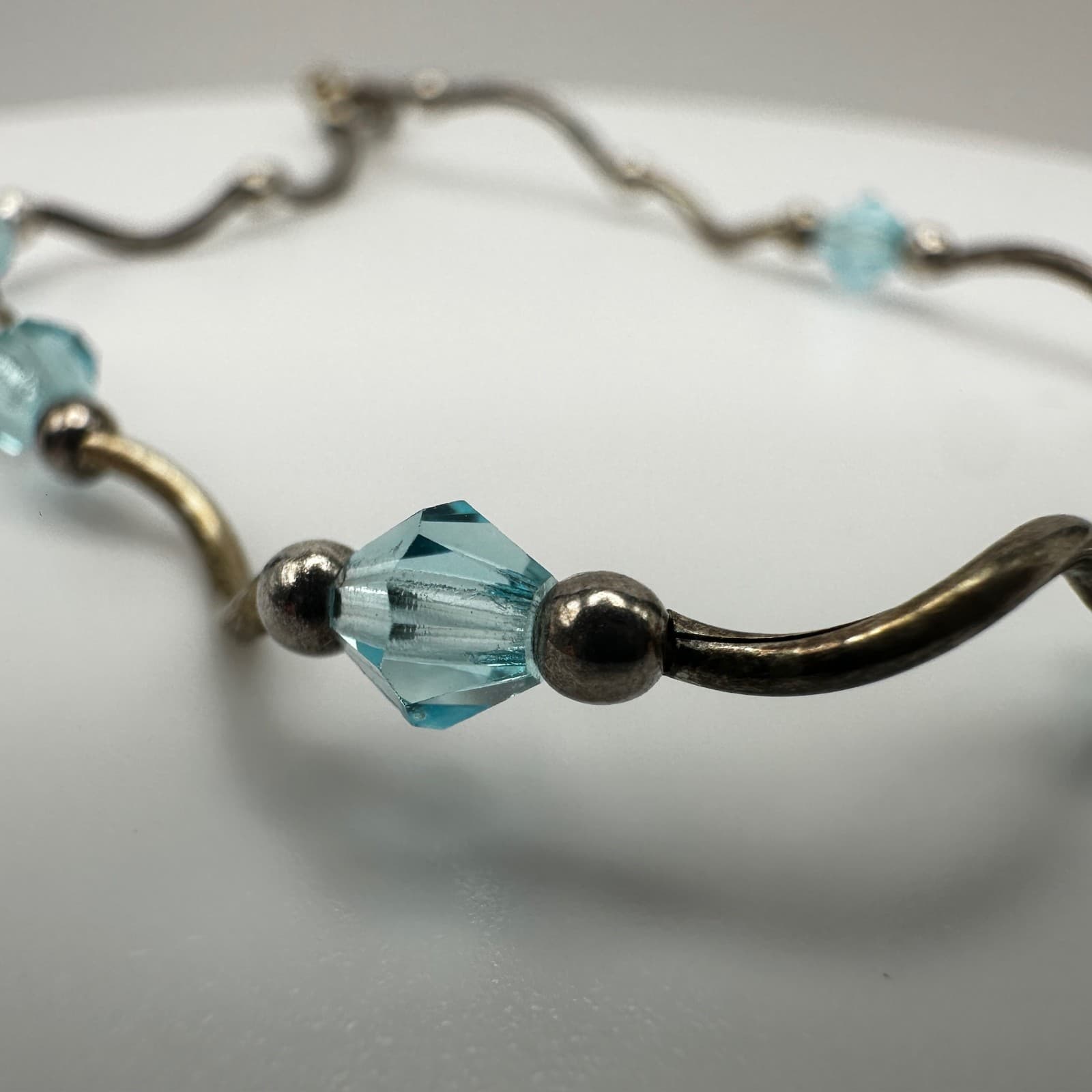 Vintage 90s Y2K Blue Crystal Beaded Wave Bracelet Silver Tone Boho Jewelry - Thumbnail 6