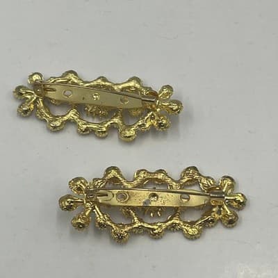 Vintage Gold Tone Rhinestone Brooch Pin Set of 2 Sparkly Crystal Classic Fashion - Thumbnail 4