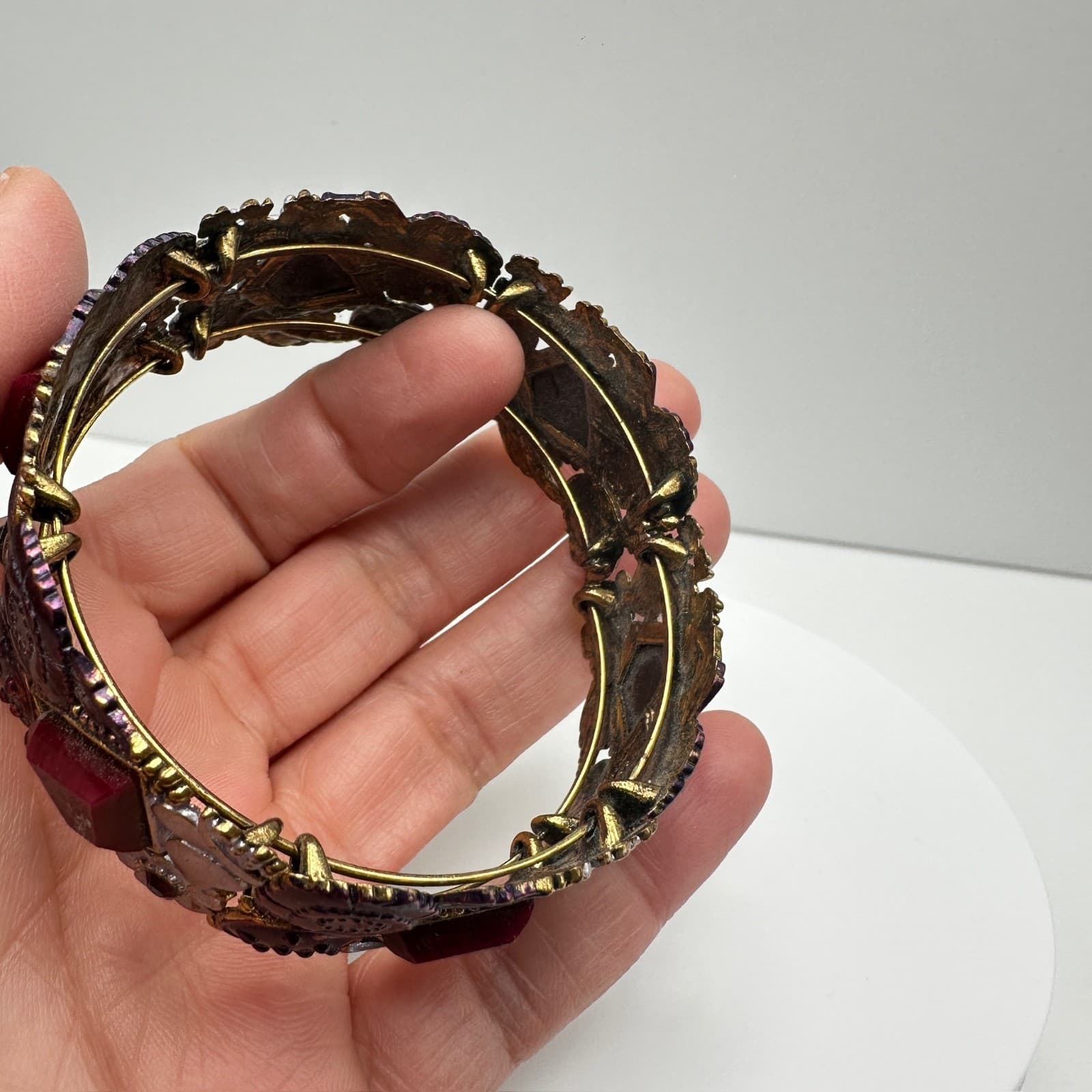 Vintage 90s Boho Floral Link Bracelet Geometric Stones Purple Enamel Jewelry - Thumbnail 11