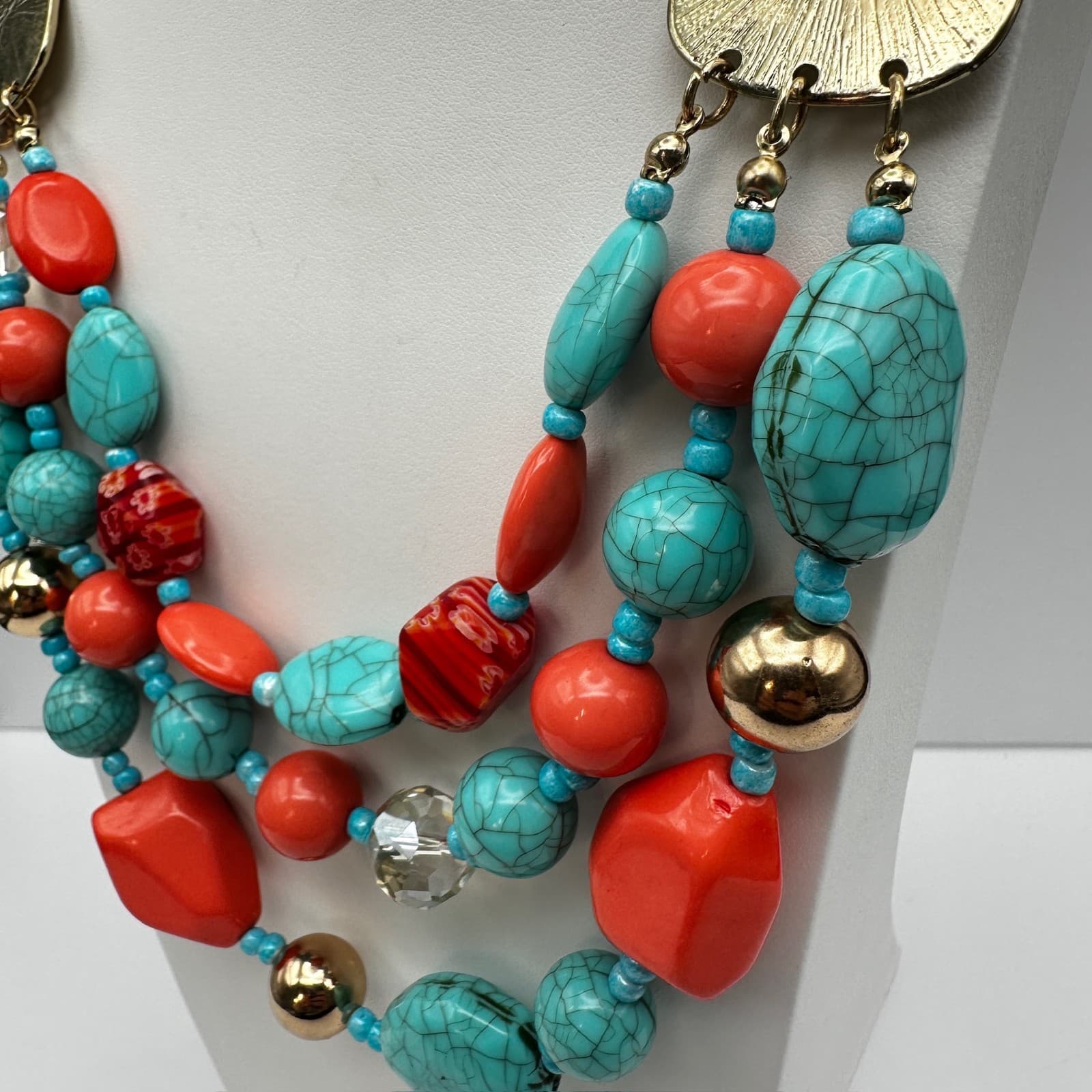 Vintage 90s Multi Strand Statement Necklace Turquoise Gold Tone Women's Jewelry - Thumbnail 9