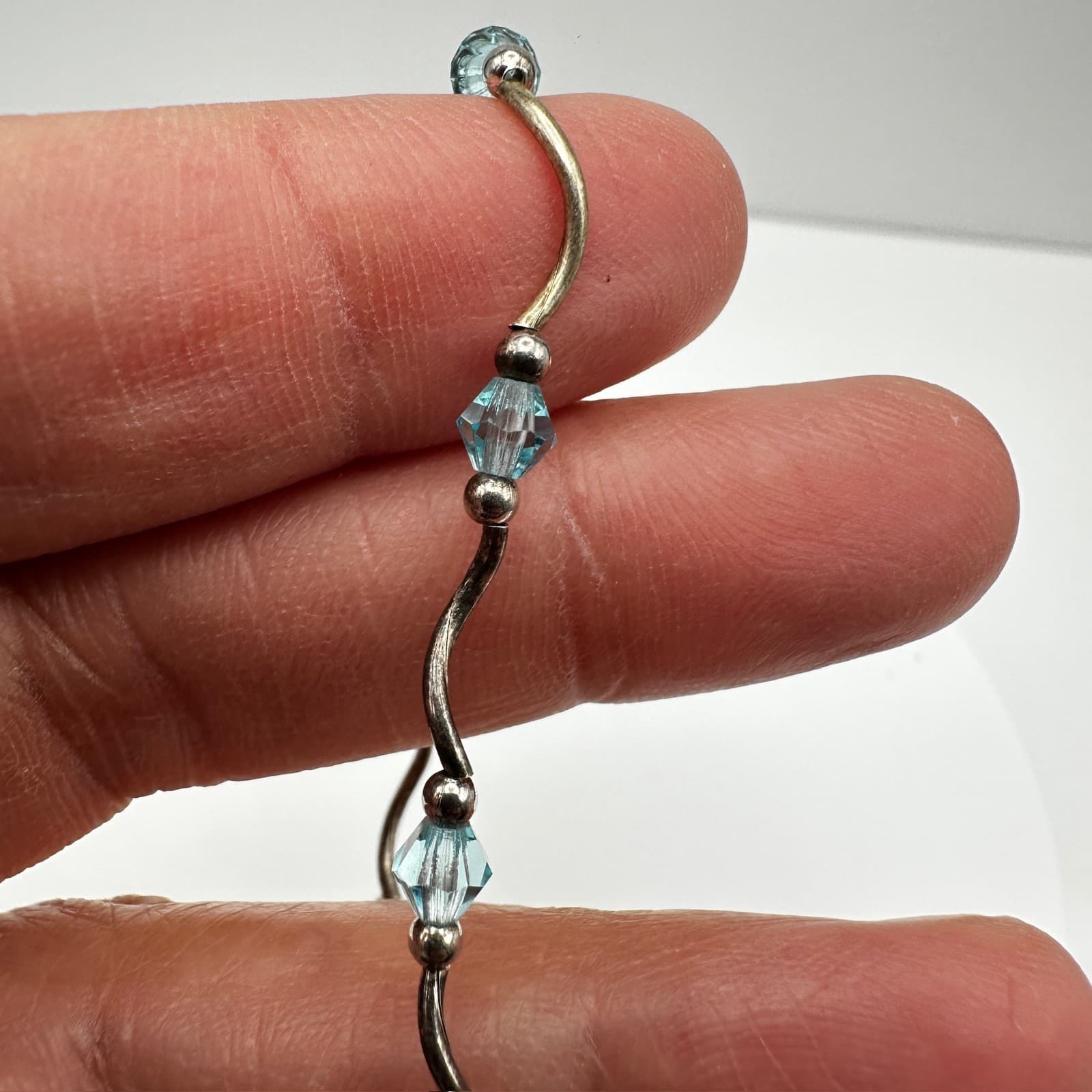 Vintage 90s Y2K Blue Crystal Beaded Wave Bracelet Silver Tone Boho Jewelry - Thumbnail 9