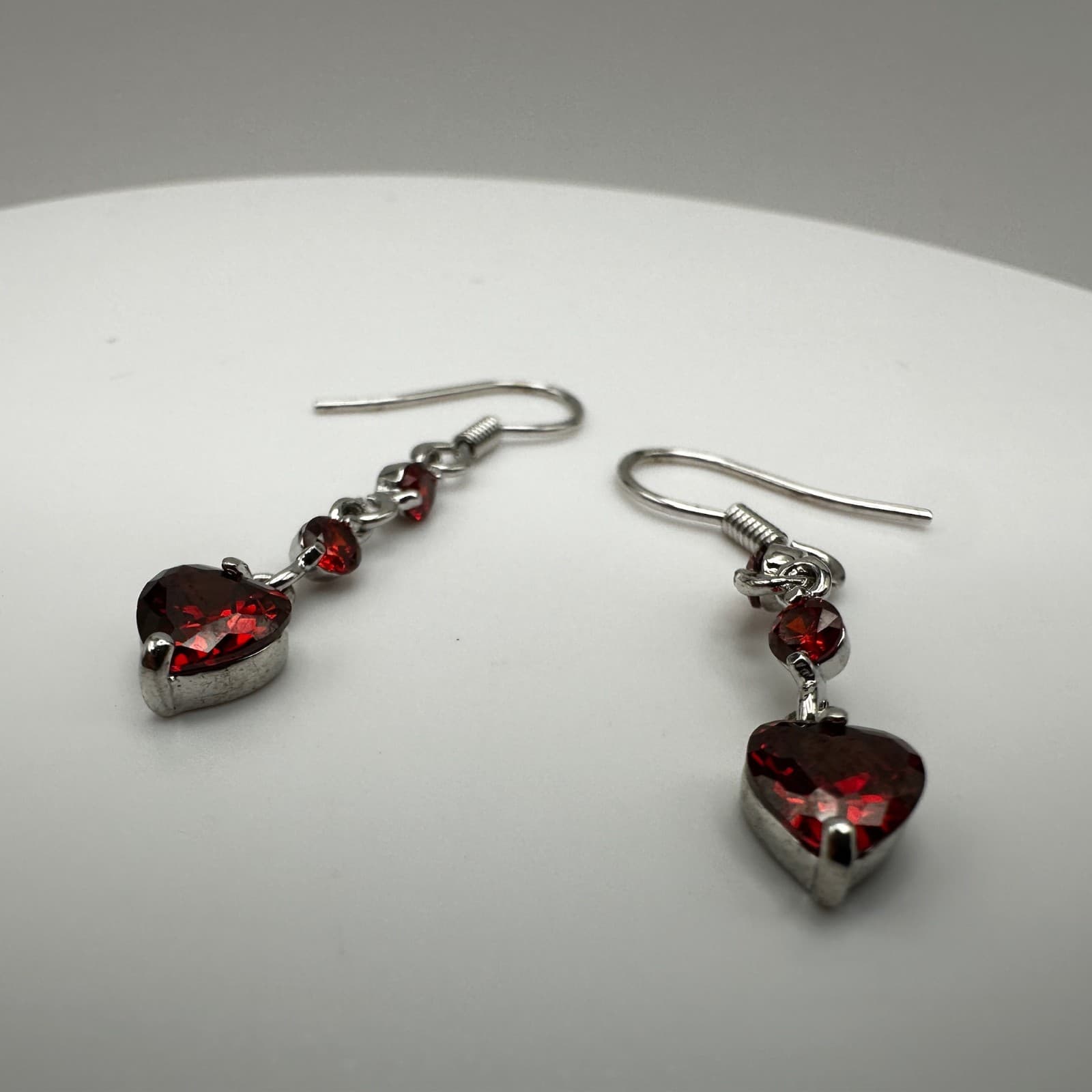 Vintage 80s Austrian Crystal Red Heart Dangle Earrings Silver Tone Ruby CZ - Thumbnail 10