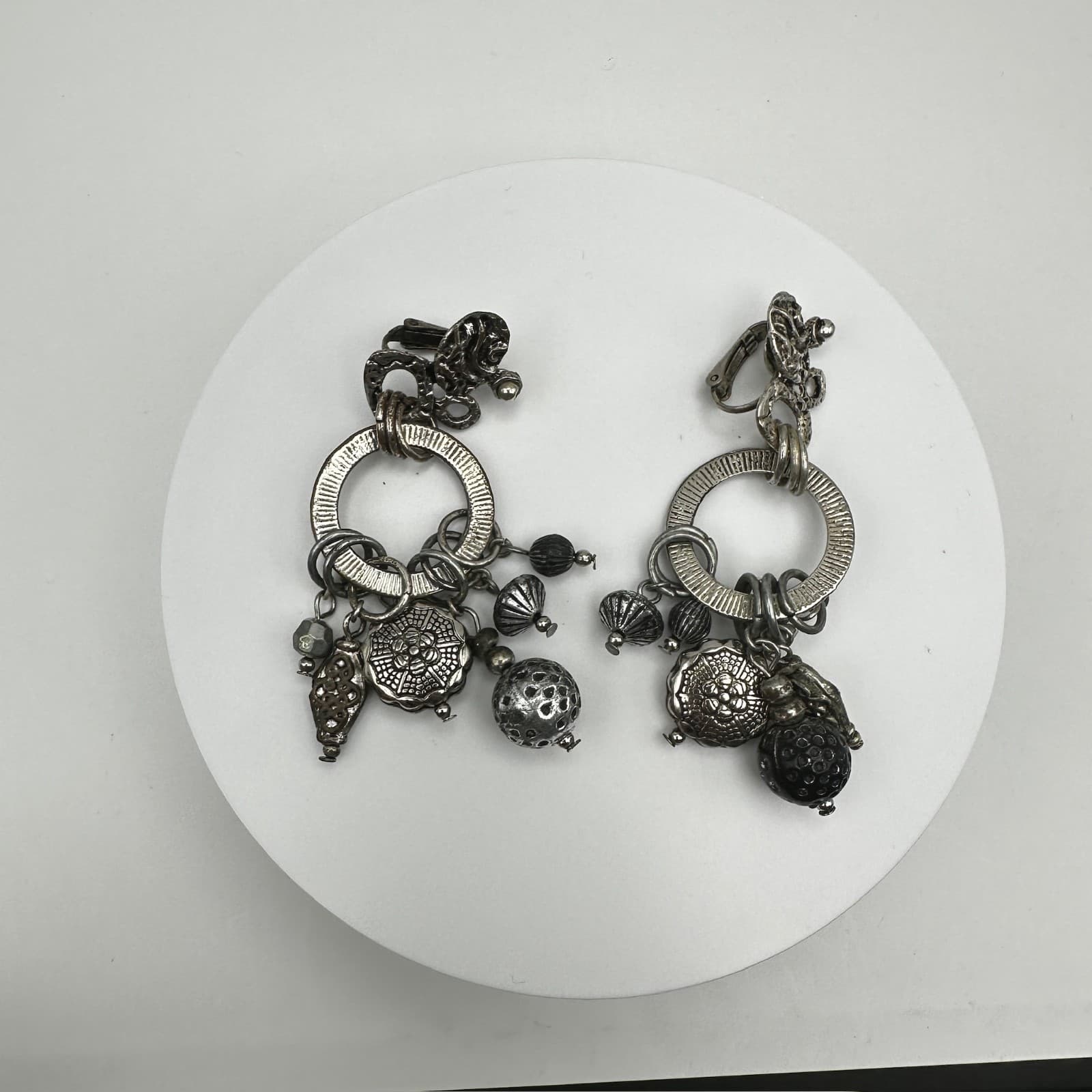 Vintage 90s Birch Hill Silver Tone Multi Charm Dangle Earrings Statement Jewelry - Thumbnail 2