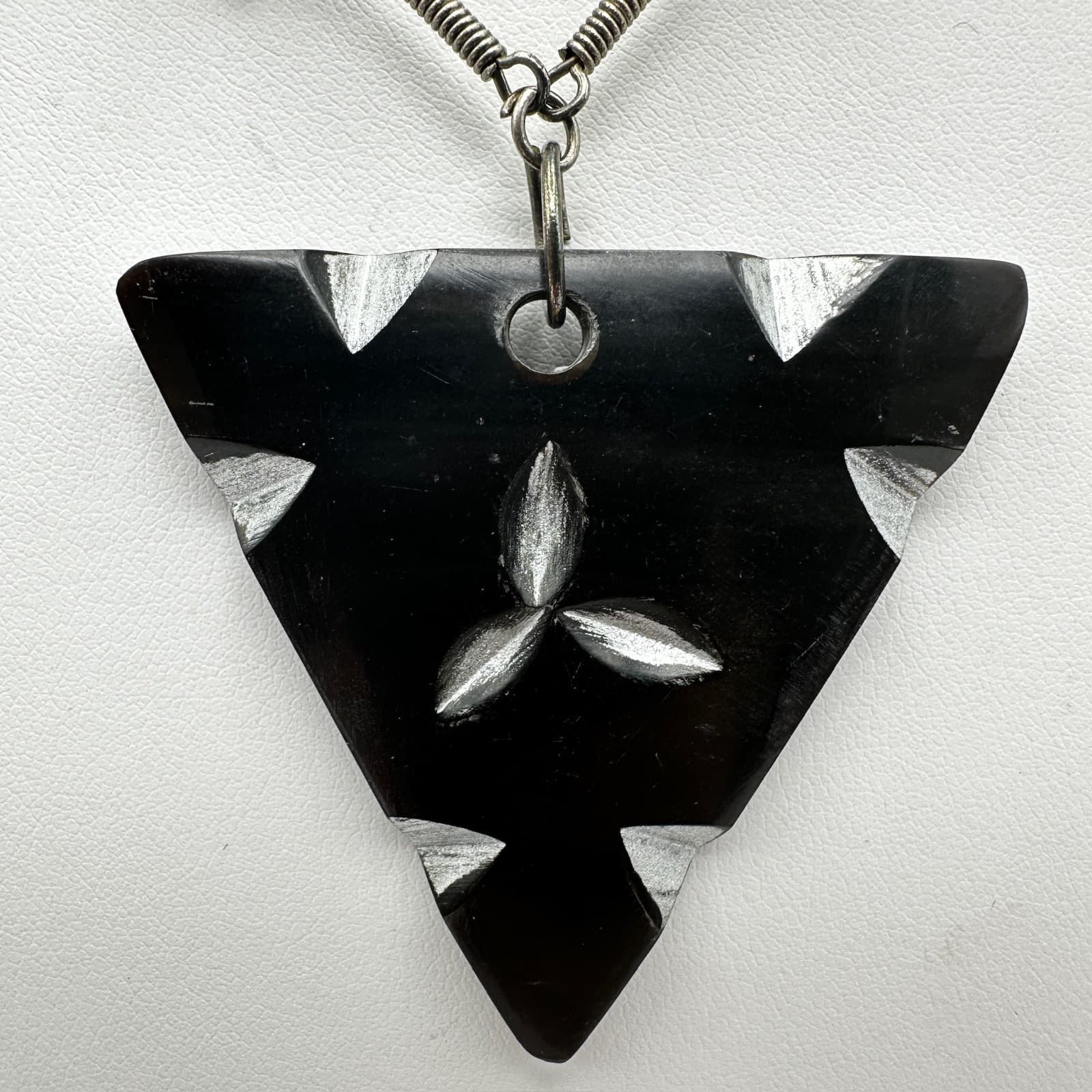 Vintage 90s Black Triangle Pendant Necklace Silver Tone Beaded Statement Jewelry - Thumbnail 3