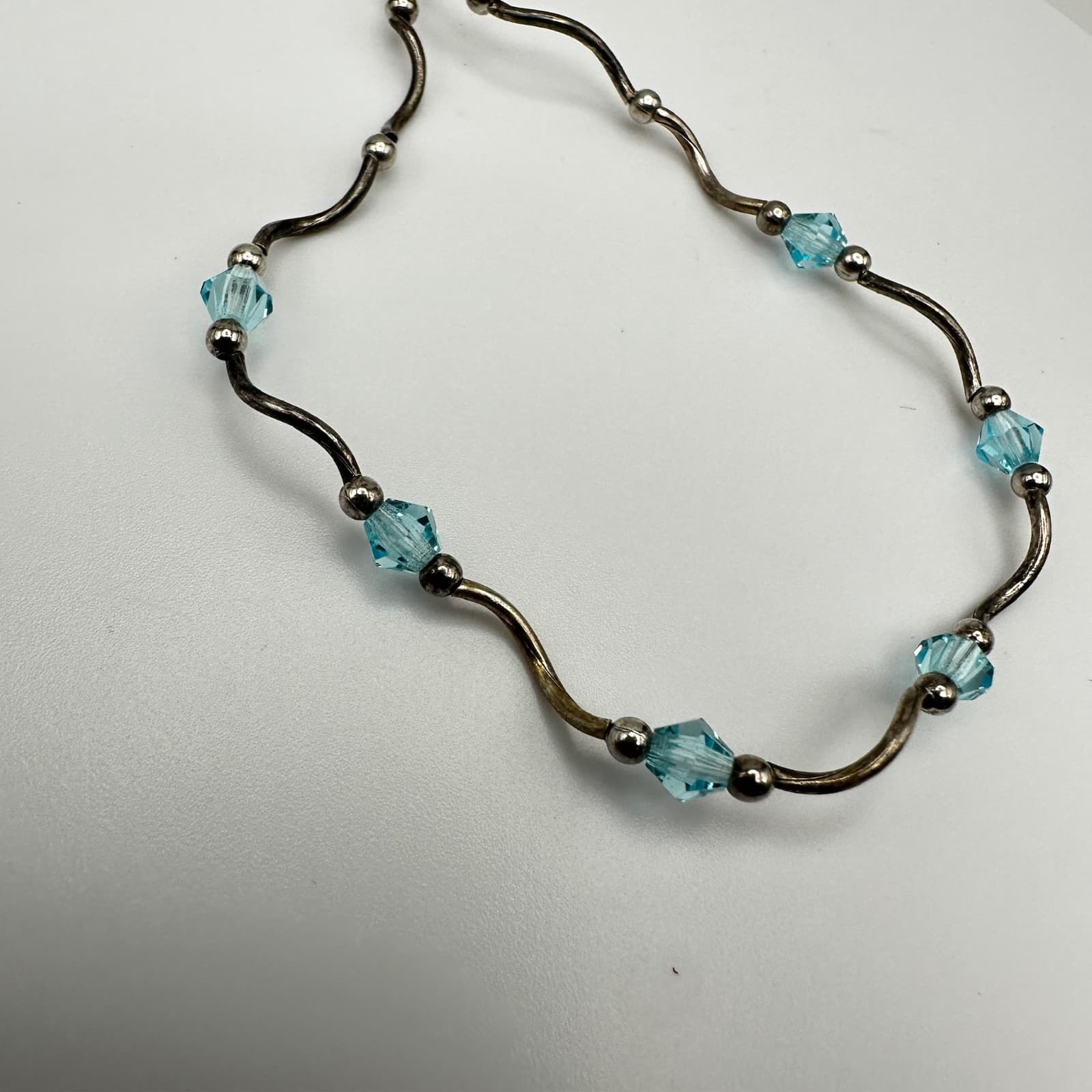 Vintage 90s Y2K Blue Crystal Beaded Wave Bracelet Silver Tone Boho Jewelry - Thumbnail 2