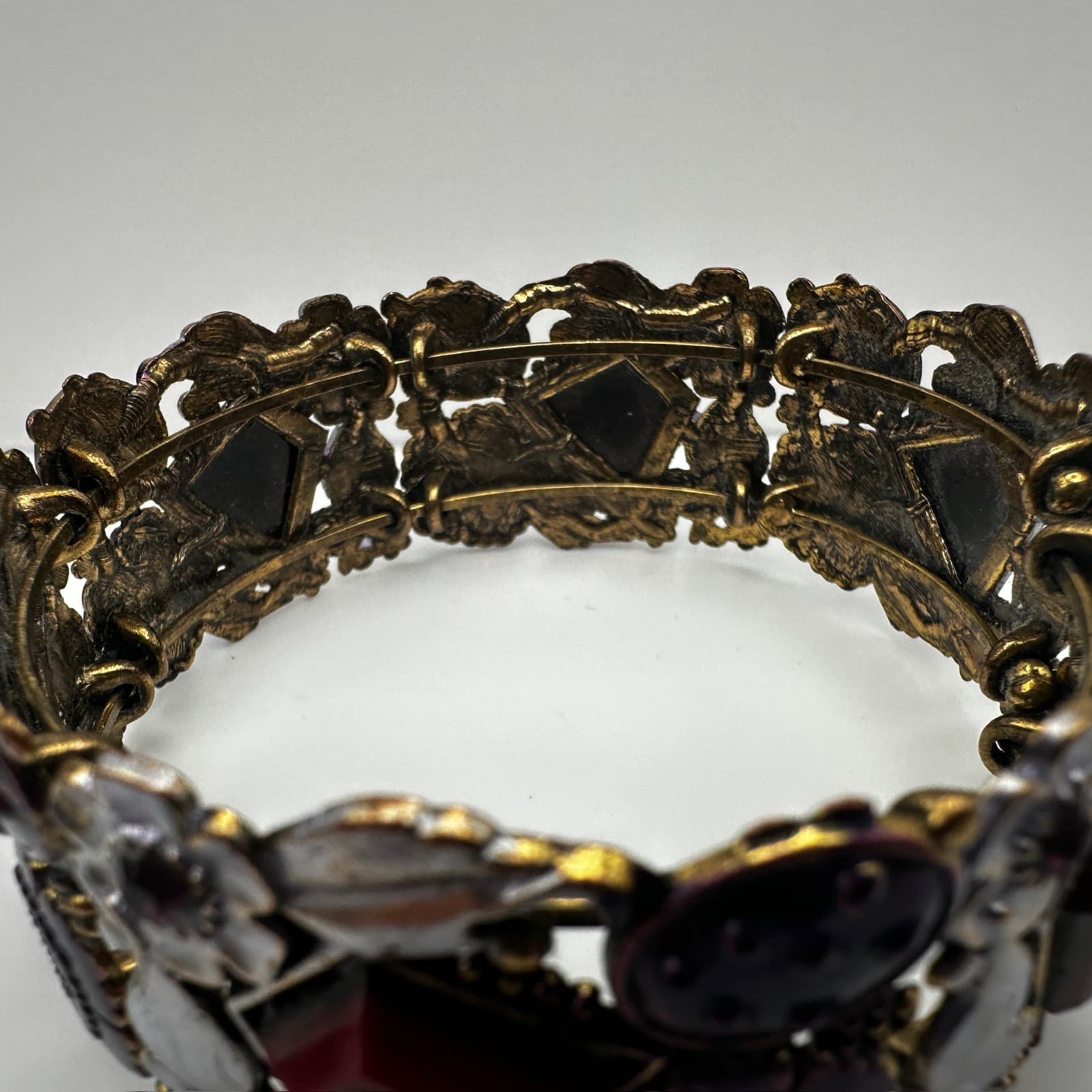 Vintage 90s Boho Floral Link Bracelet Geometric Stones Purple Enamel Jewelry - Thumbnail 8