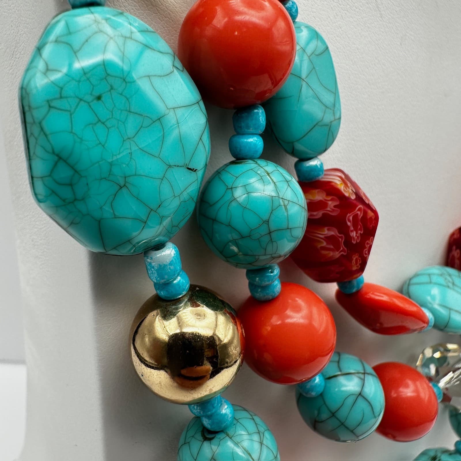 Vintage 90s Multi Strand Statement Necklace Turquoise Gold Tone Women's Jewelry - Thumbnail 5