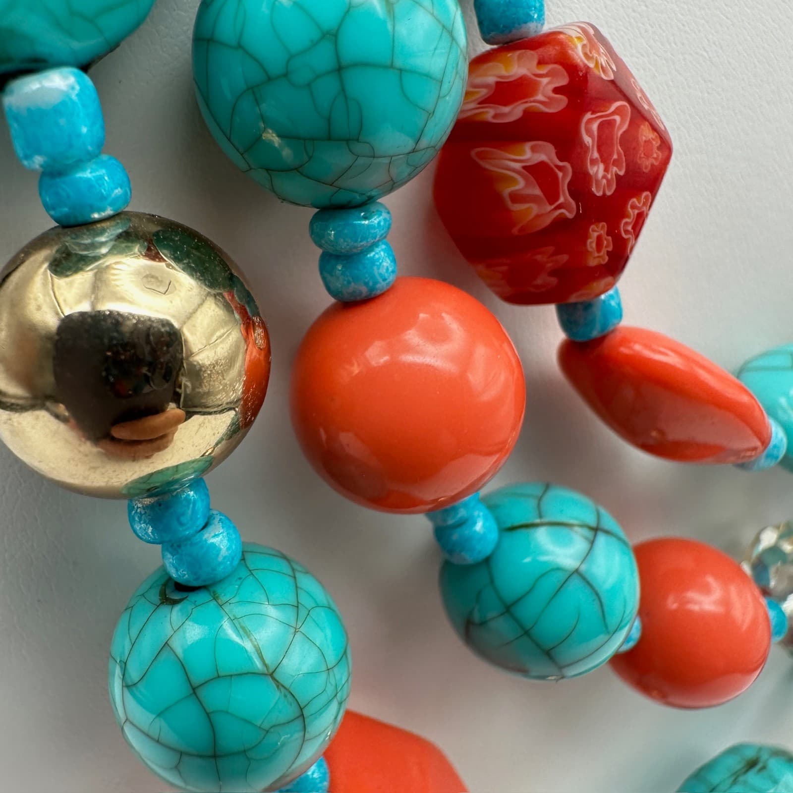 Vintage 90s Multi Strand Statement Necklace Turquoise Gold Tone Women's Jewelry - Thumbnail 6